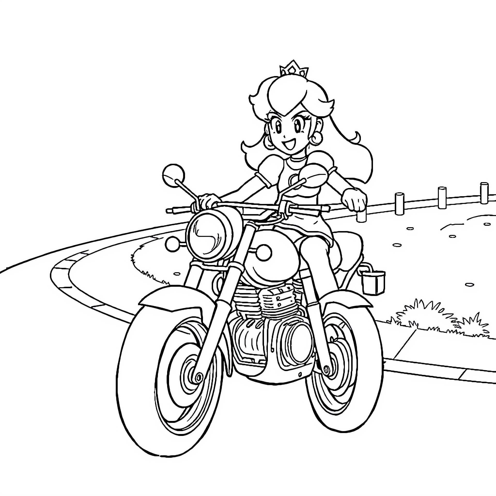 Princess Peach riding a motorcycle on the road Coloring Page (free black-and-white line drawing printable PDF for all, from beginners to advanced learners, including children, teens, adults, and seniors)