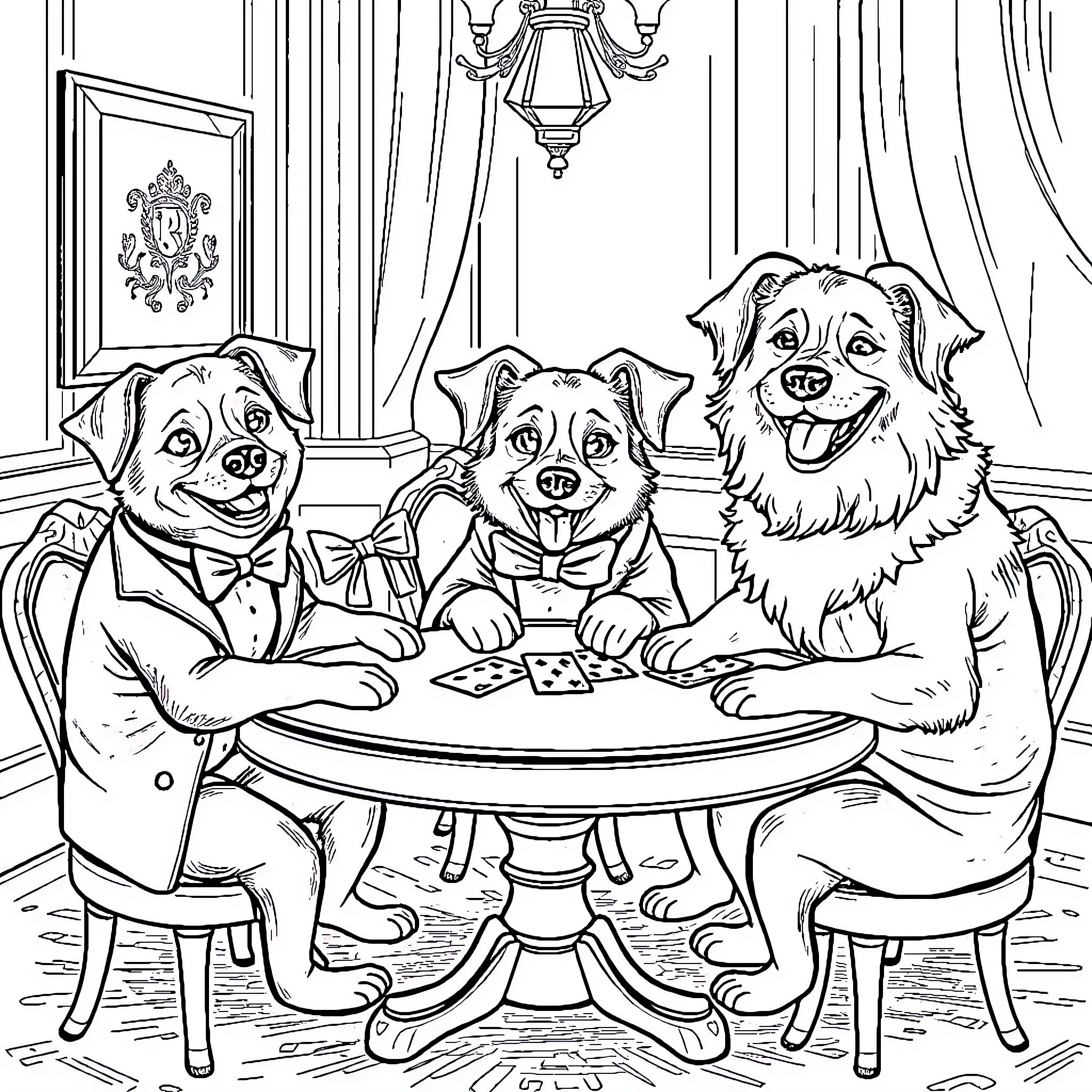 Dogs Playing Cards in Elegant Room Coloring Page (free black-and-white line drawing printable PDF for all, from beginners to advanced learners, including children, teens, adults, and seniors)