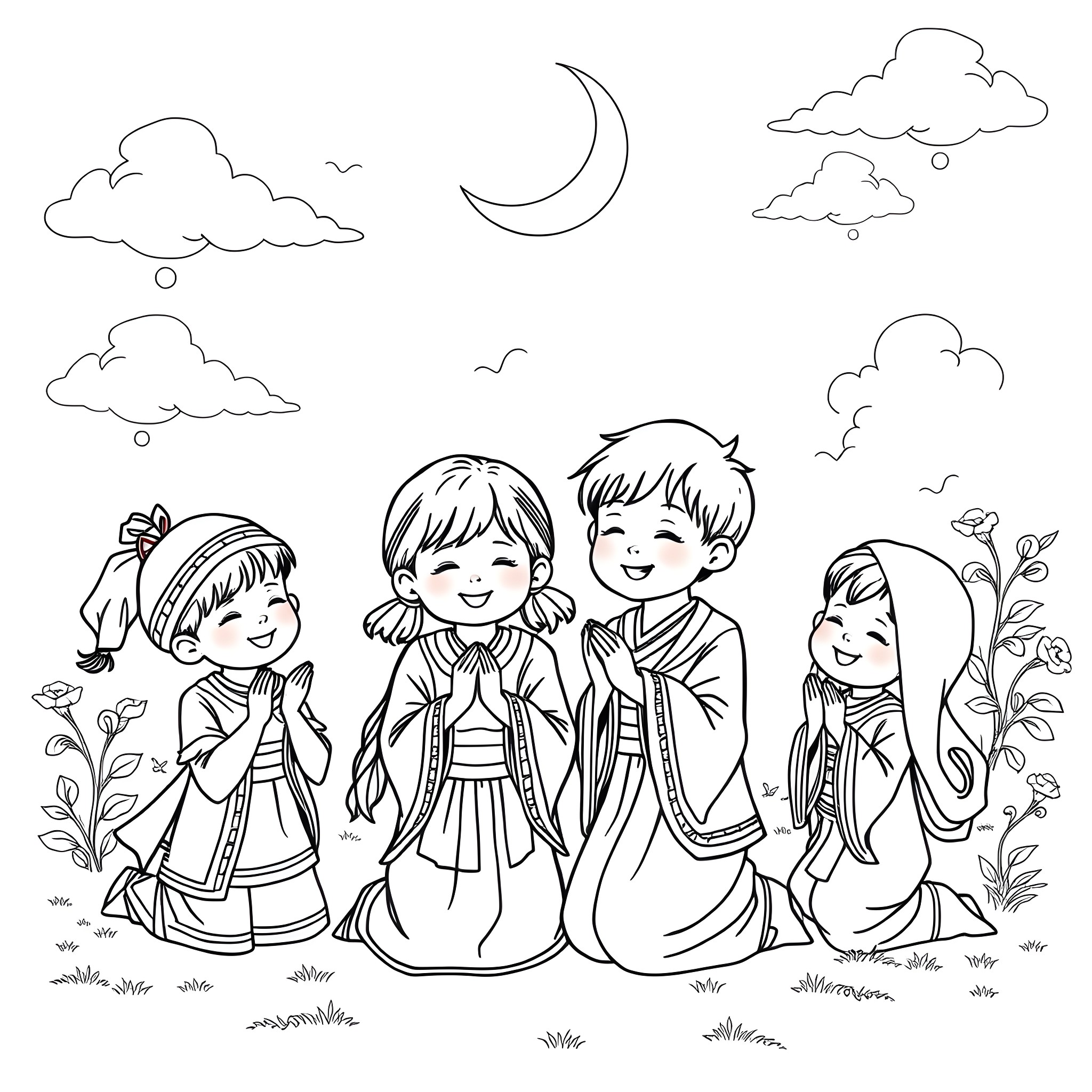 Kid's Playful Imagination in Traditional Outfits Coloring Page (free black-and-white line drawing printable PDF for all, from beginners to advanced learners, including children, teens, adults, and seniors)
