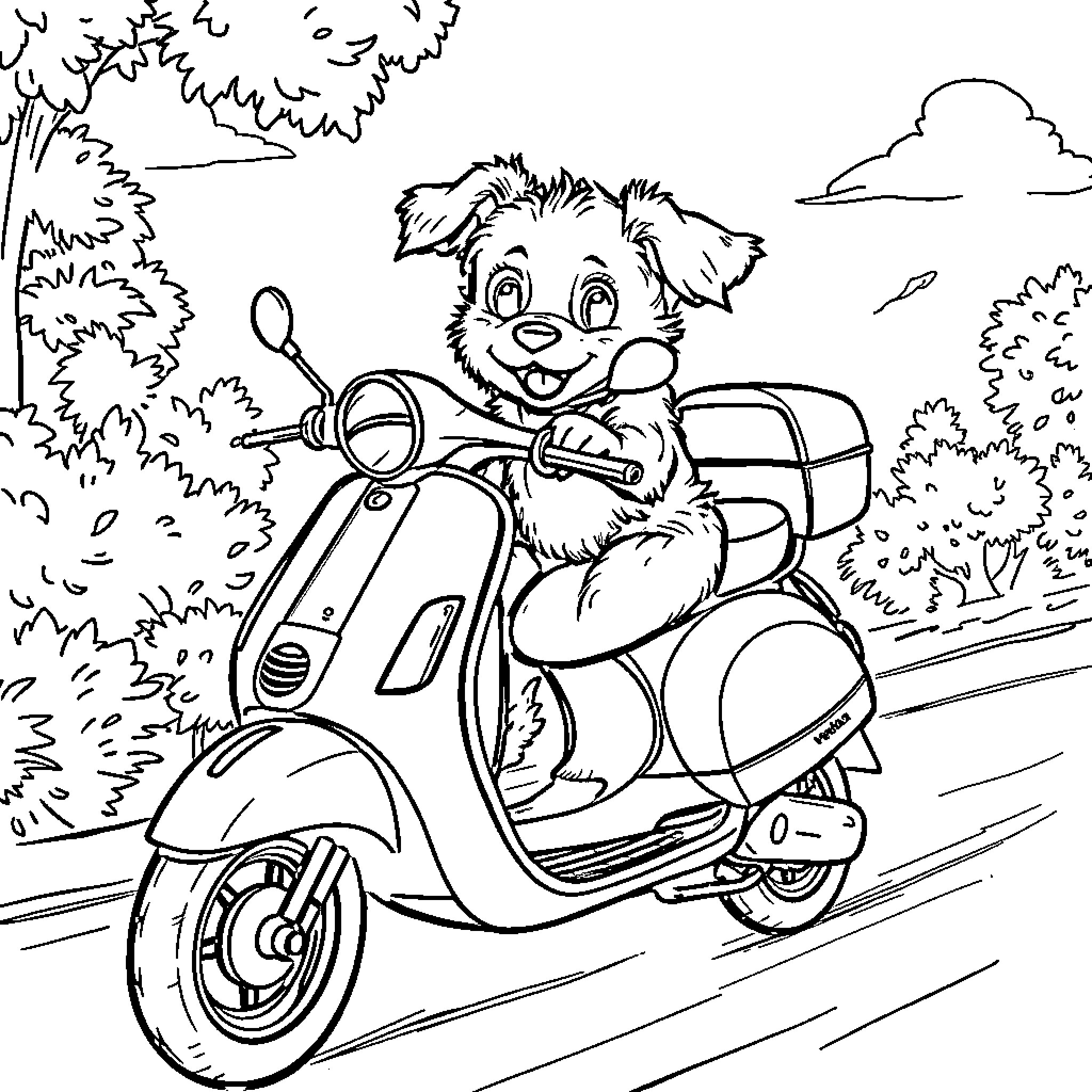 Puppy riding scooter happily in the park Coloring Page (free black-and-white line drawing printable PDF for all, from beginners to advanced learners, including children, teens, adults, and seniors)