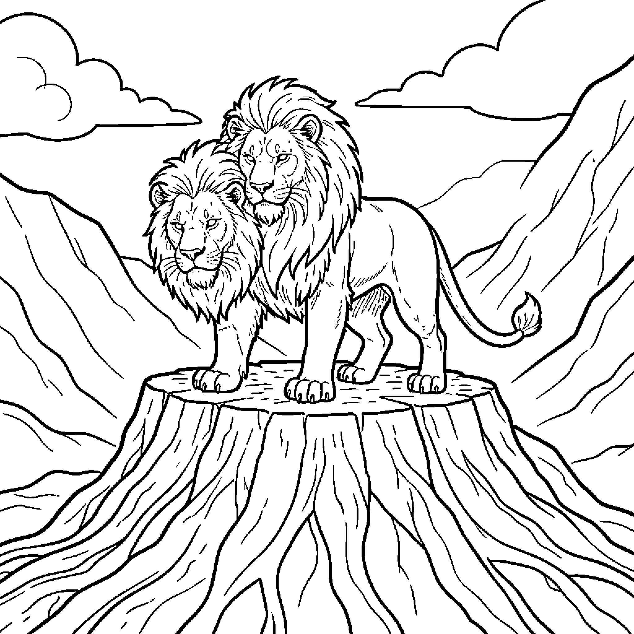 Lion pair standing on a rocky ledge Coloring Page (free black-and-white line drawing printable PDF for all, from beginners to advanced learners, including children, teens, adults, and seniors)