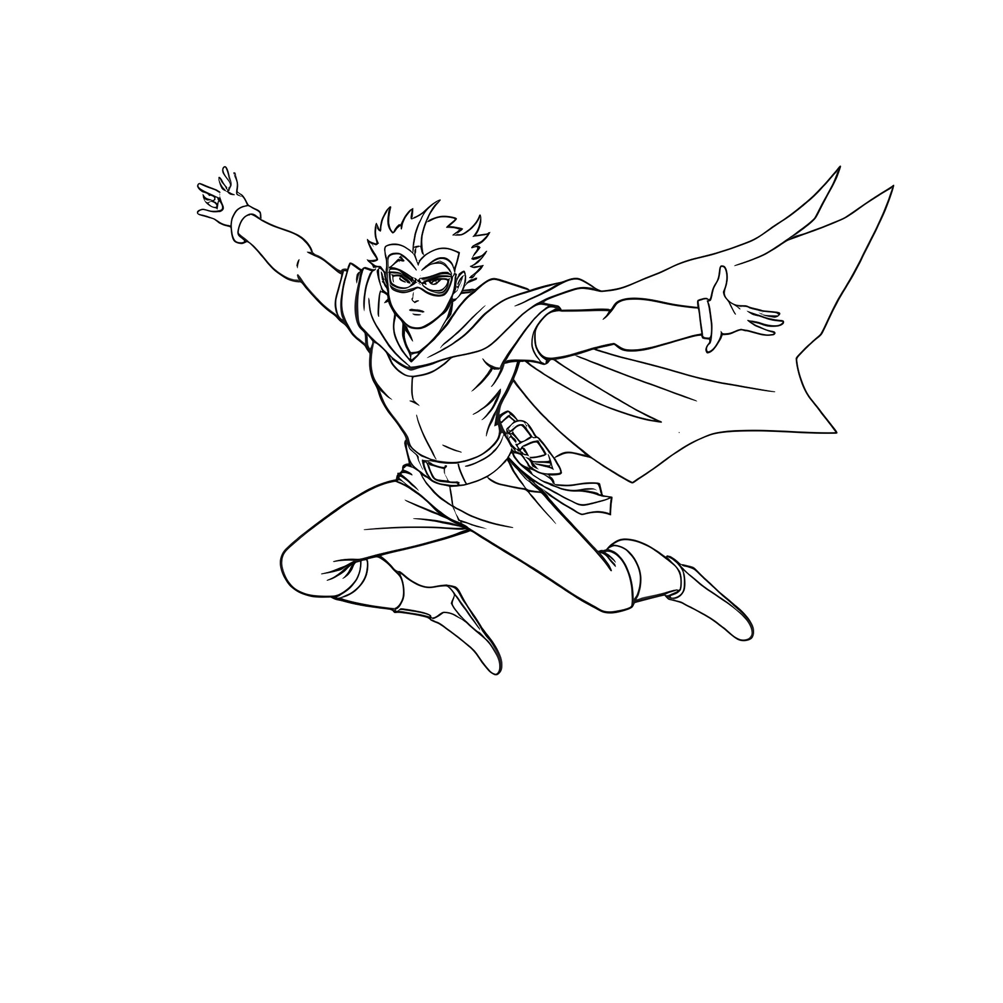 Stick figure superhero in action pose Coloring Page (free black-and-white line drawing printable PDF for all, from beginners to advanced learners, including children, teens, adults, and seniors)