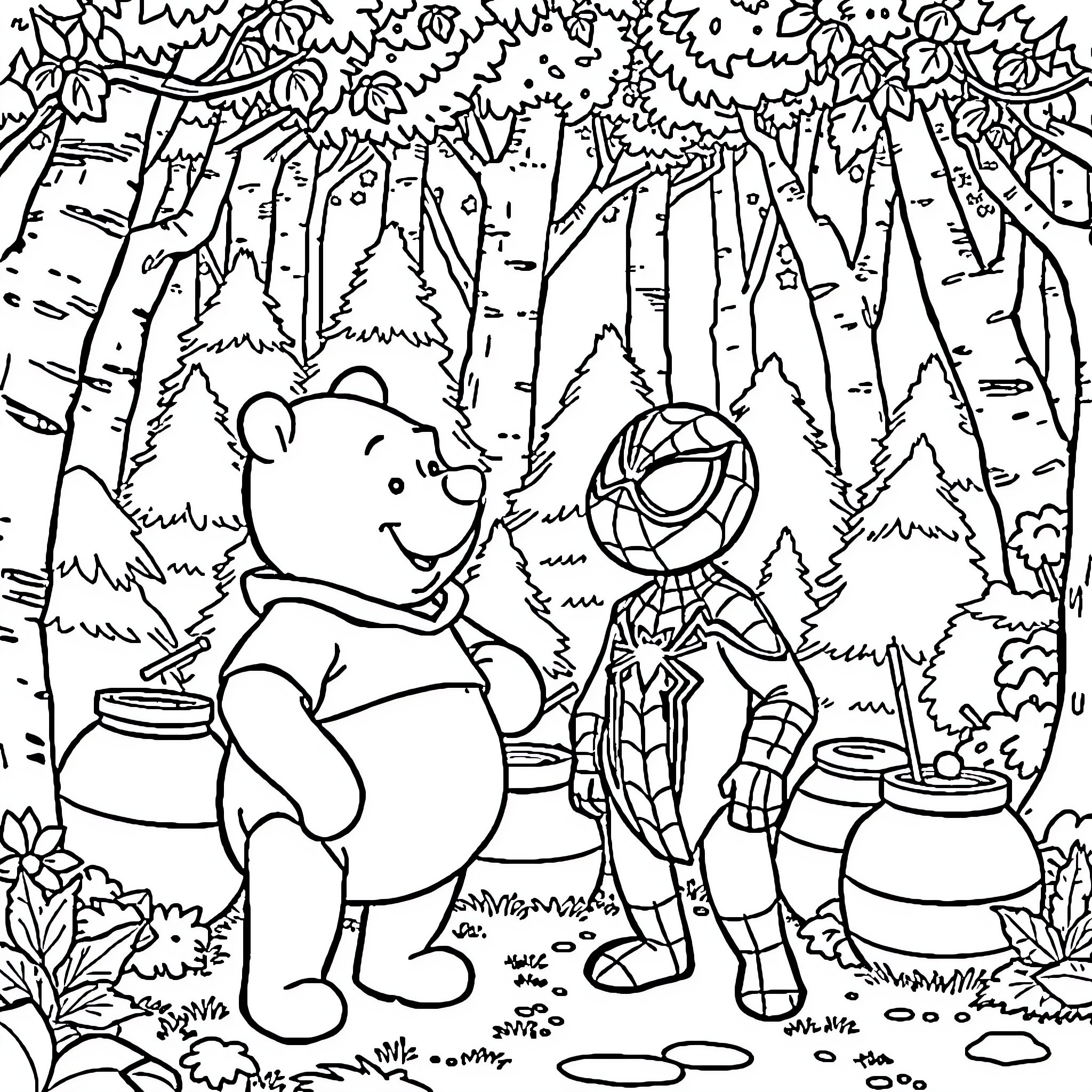 Winnie The Pooh Exploring The Enchanted Forest With Friend Coloring Page (free black-and-white line drawing printable PDF for all, from beginners to advanced learners, including children, teens, adults, and seniors)