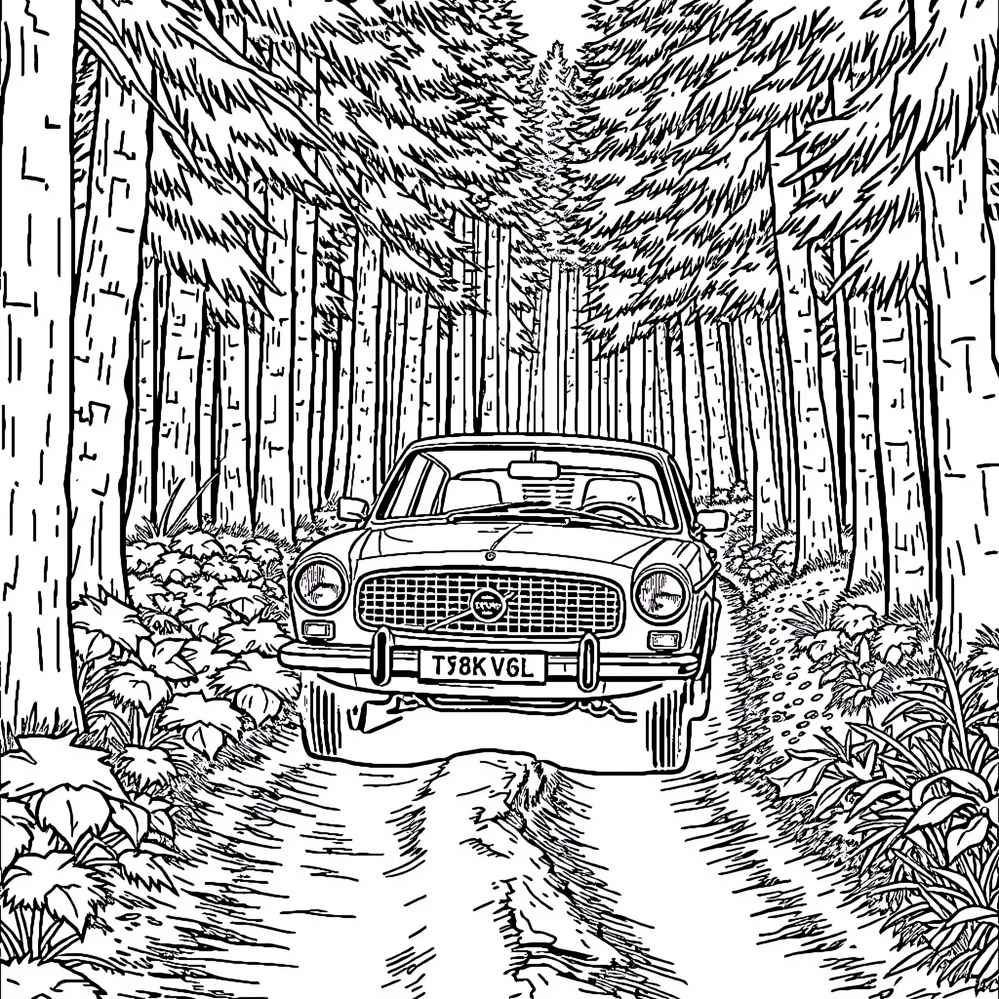 Volvo classic car driving through the forest Coloring Page (free black-and-white line drawing printable PDF for all, from beginners to advanced learners, including children, teens, adults, and seniors)