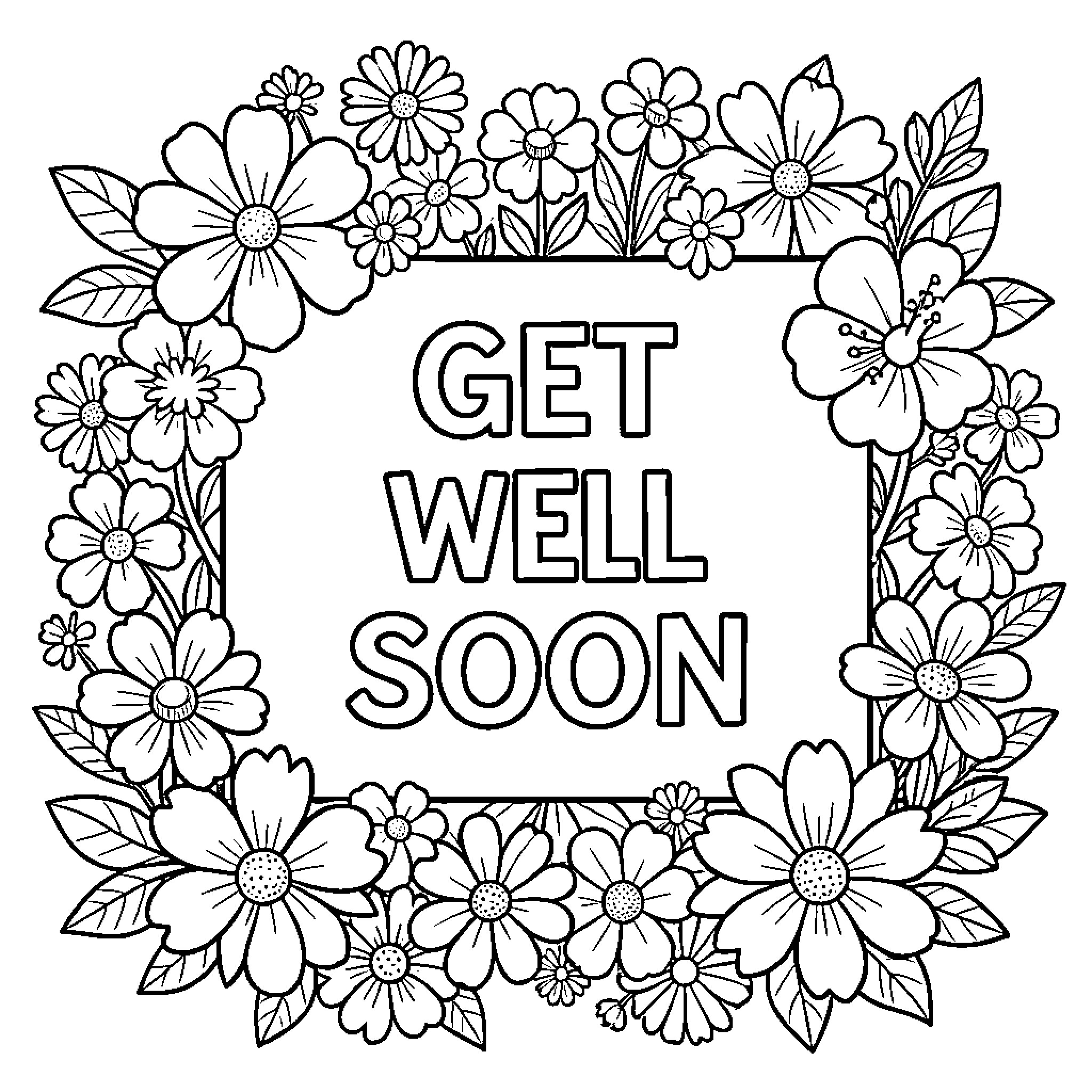 Flower Wreath with Get Well Soon Message Coloring Page (free black-and-white line drawing printable PDF for all, from beginners to advanced learners, including children, teens, adults, and seniors)