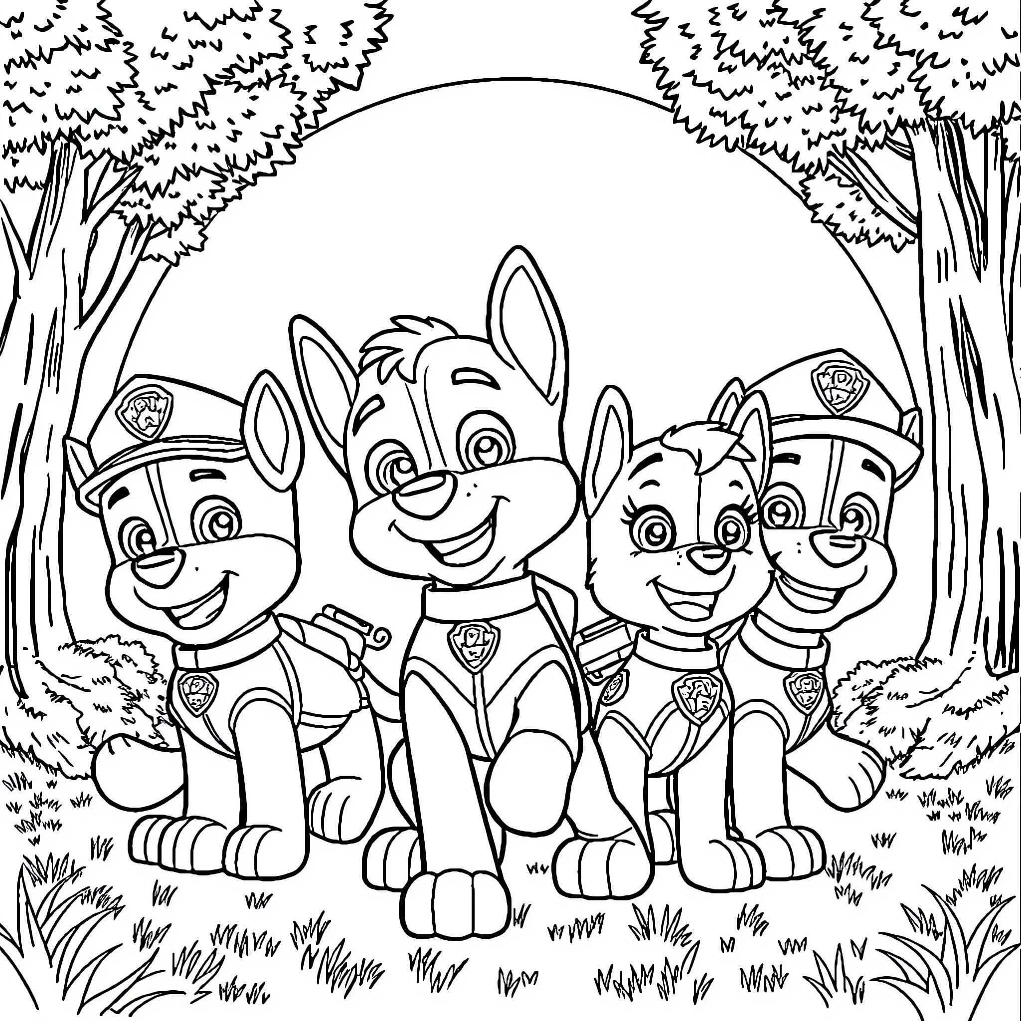 Bluey and the Paw Patrol puppies in the forest Coloring Page (free black-and-white line drawing printable PDF for all, from beginners to advanced learners, including children, teens, adults, and seniors)