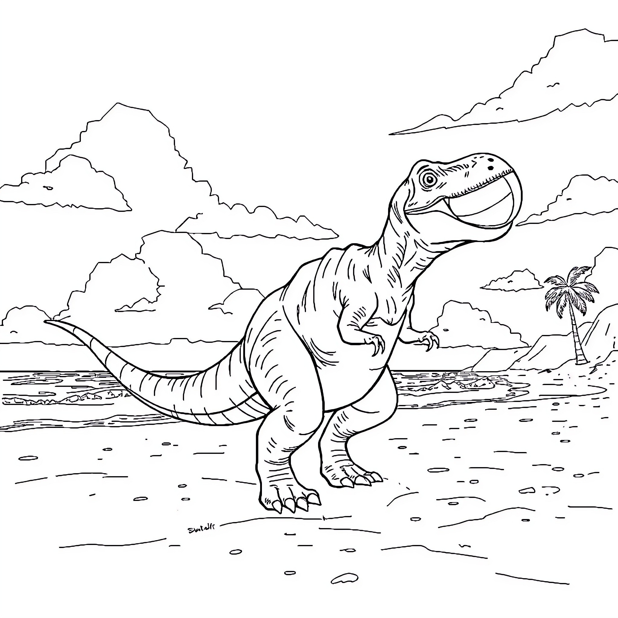 Dinosaur walking on tropical beach Coloring Page (free black-and-white line drawing printable PDF for all, from beginners to advanced learners, including children, teens, adults, and seniors)
