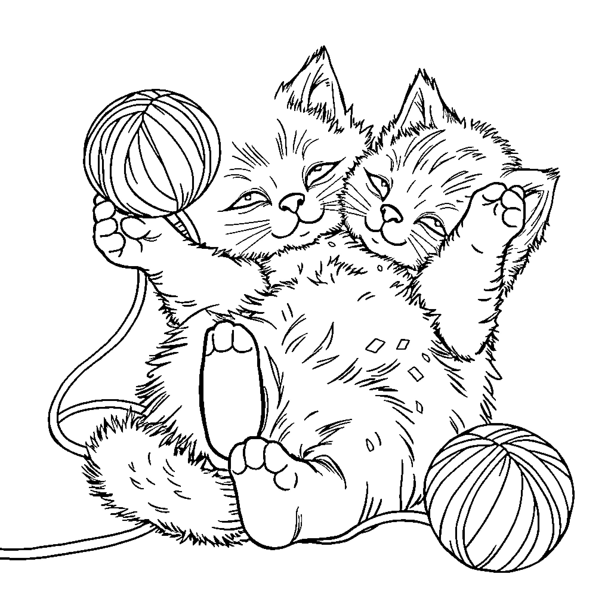 Kittens playing with yarn Coloring Page (free black-and-white line drawing printable PDF for all, from beginners to advanced learners, including children, teens, adults, and seniors)