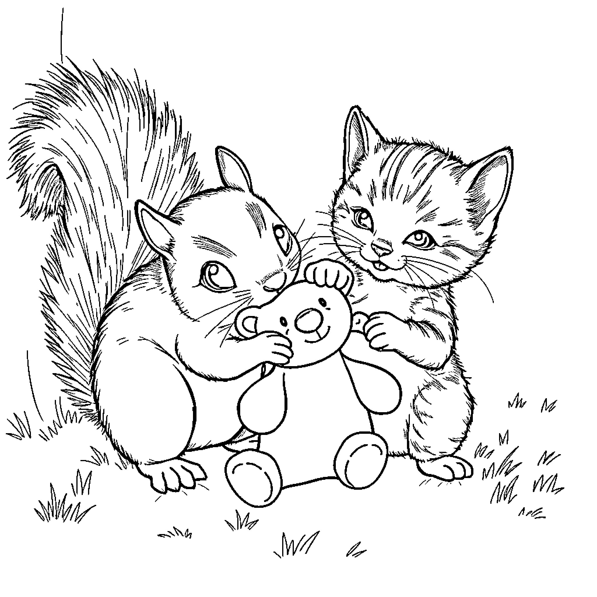 Squirrels Playfully Interacting with a Toy Coloring Page (free black-and-white line drawing printable PDF for all, from beginners to advanced learners, including children, teens, adults, and seniors)