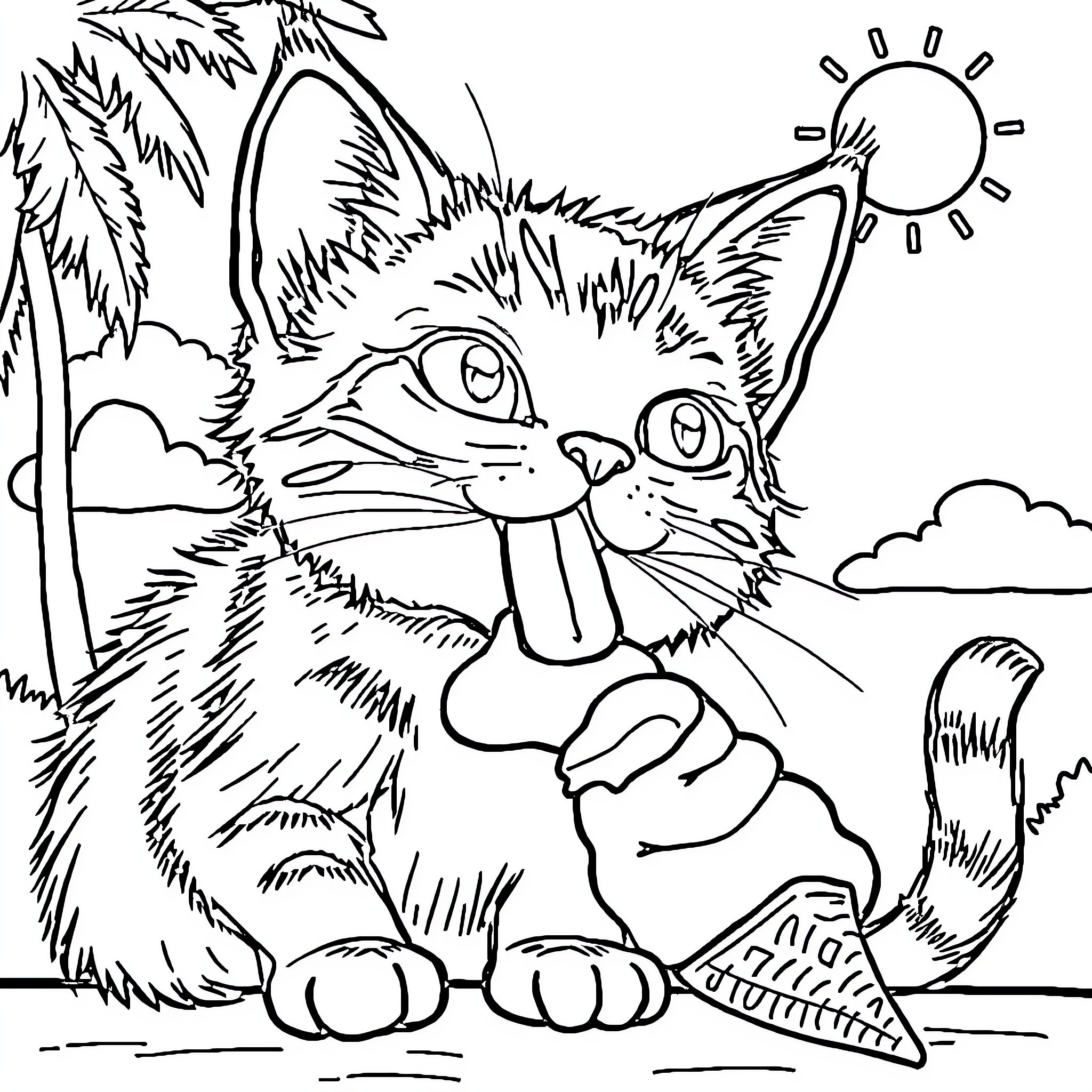 Cat enjoying sunny day in the wilderness Coloring Page (free black-and-white line drawing printable PDF for all, from beginners to advanced learners, including children, teens, adults, and seniors)