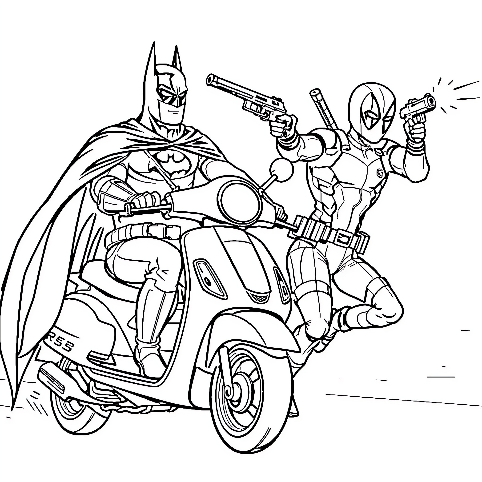 Batman and Deadpool battle on a scooter Coloring Page (free black-and-white line drawing printable PDF for all, from beginners to advanced learners, including children, teens, adults, and seniors)