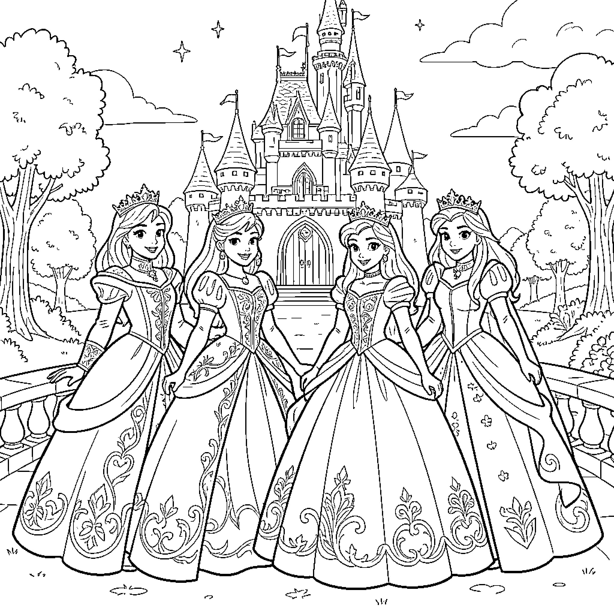 Prince and Princesses in Enchanting Castle Scene Coloring Page (free black-and-white line drawing printable PDF for all, from beginners to advanced learners, including children, teens, adults, and seniors)