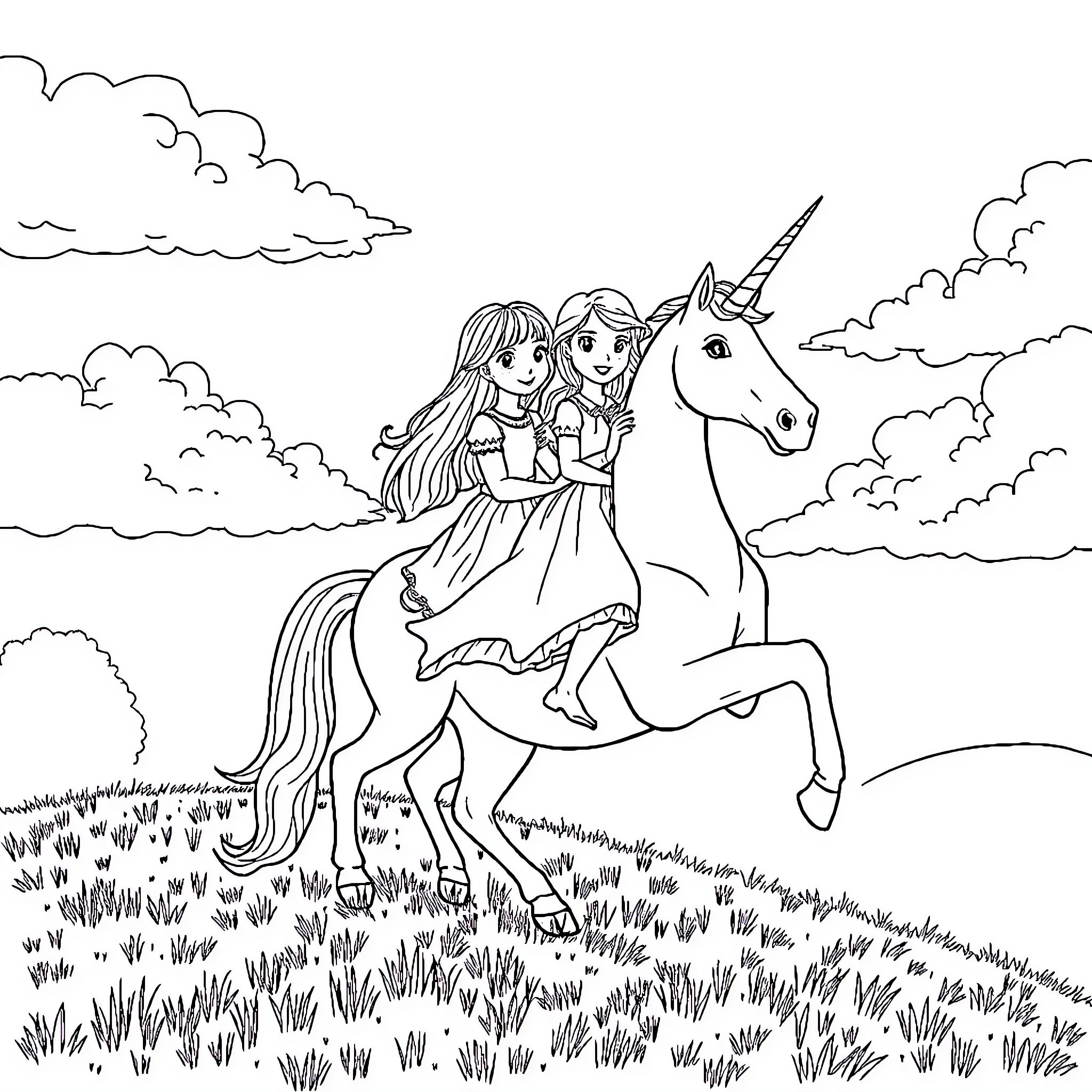 Bibi und Tina riding a unicorn through a meadow Coloring Page (free black-and-white line drawing printable PDF for all, from beginners to advanced learners, including children, teens, adults, and seniors)