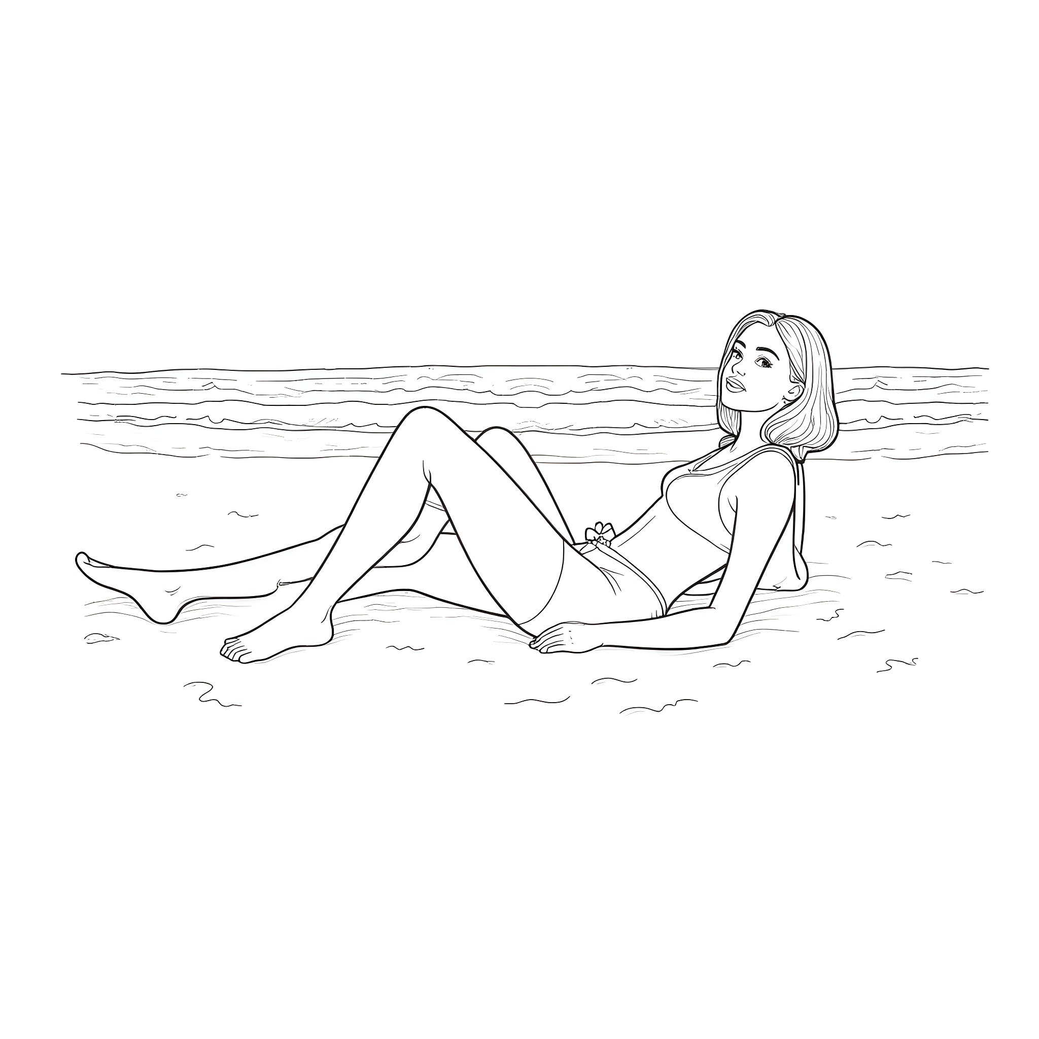 Woman relaxing on the beach Coloring Page (free black-and-white line drawing printable PDF for all, from beginners to advanced learners, including children, teens, adults, and seniors)