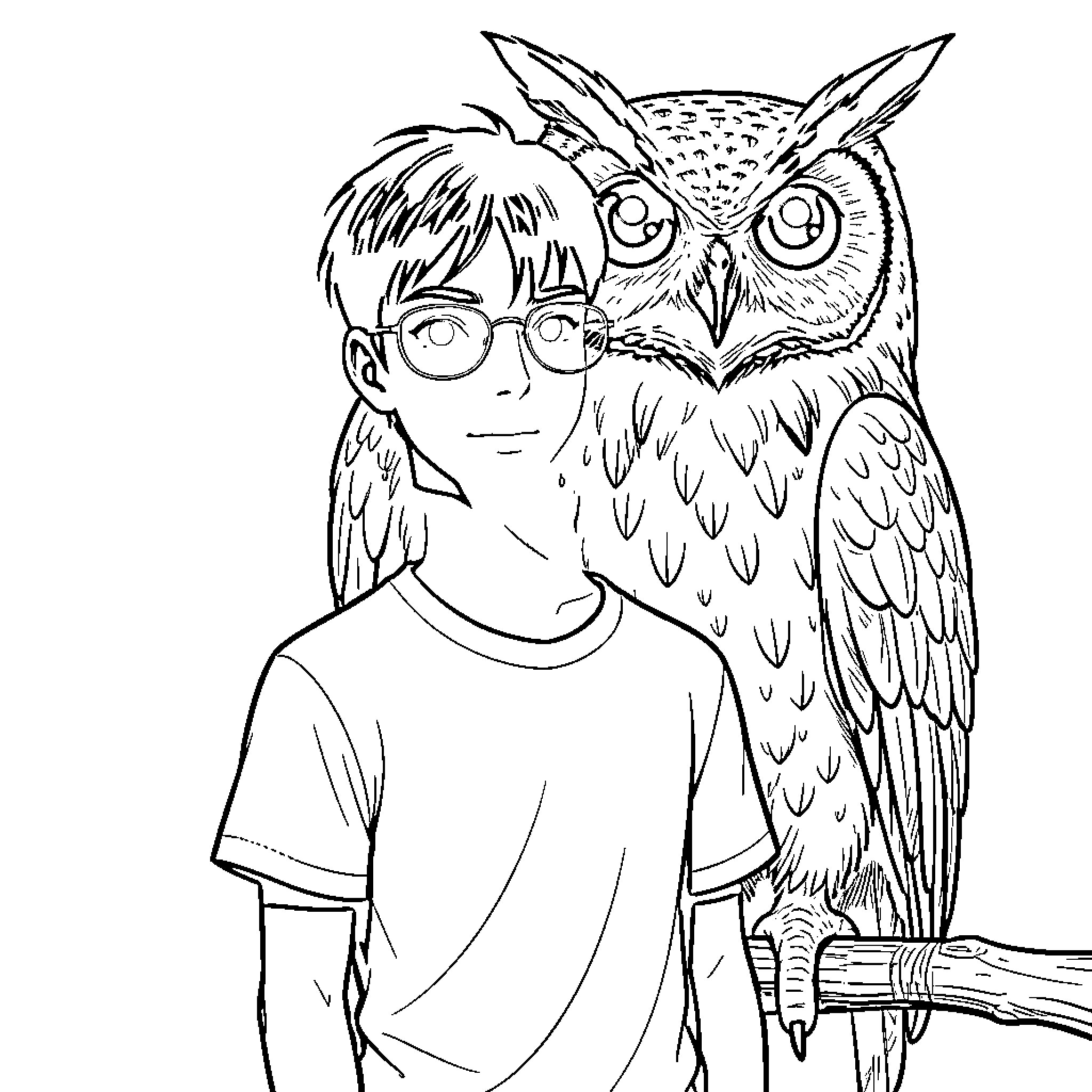 Boy with curious owl perched on branch Coloring Page (free black-and-white line drawing printable PDF for all, from beginners to advanced learners, including children, teens, adults, and seniors)