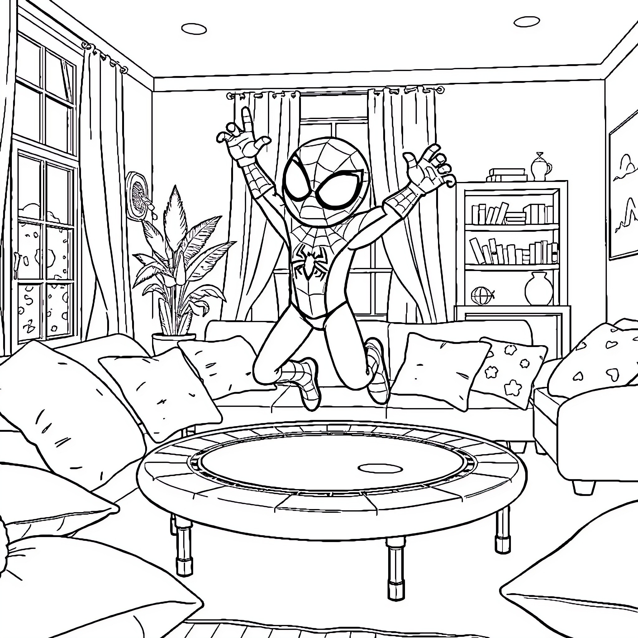Spidey Bouncing High on a Trampoline Coloring Page (free black-and-white line drawing printable PDF for all, from beginners to advanced learners, including children, teens, adults, and seniors)