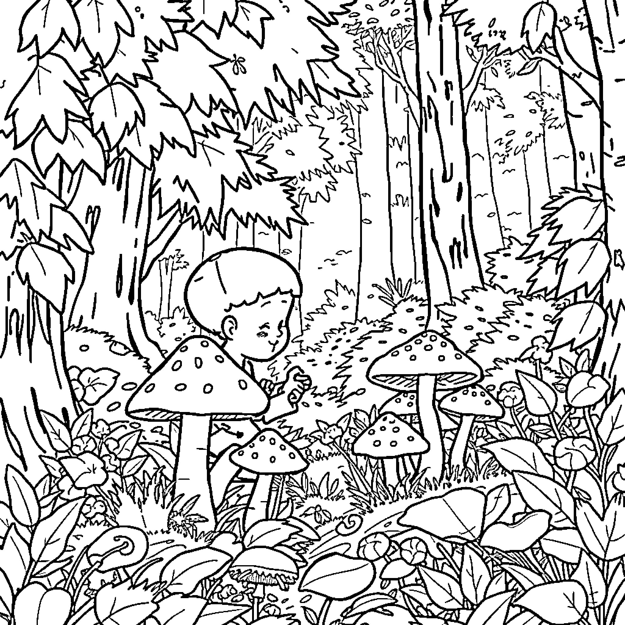 Tito's Enchanted Forest Adventure Coloring Page (free black-and-white line drawing printable PDF for all, from beginners to advanced learners, including children, teens, adults, and seniors)