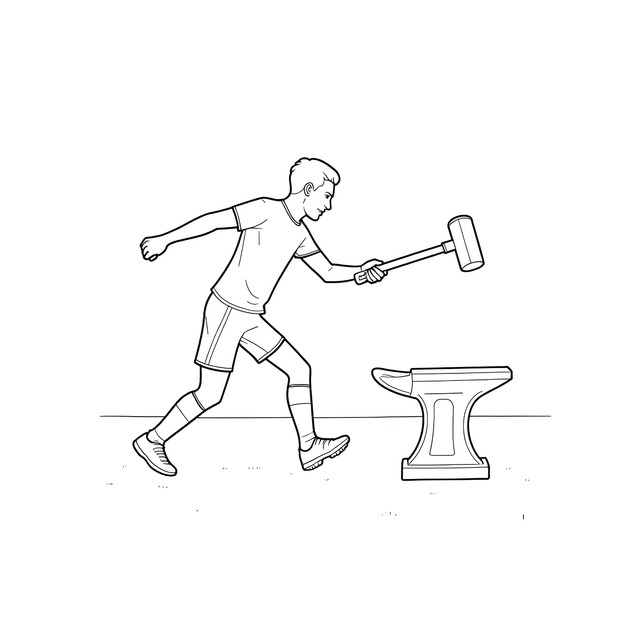 Soccer Player Swinging a Mallet at an Anvil Coloring Page (free black-and-white line drawing printable PDF for all, from beginners to advanced learners, including children, teens, adults, and seniors)