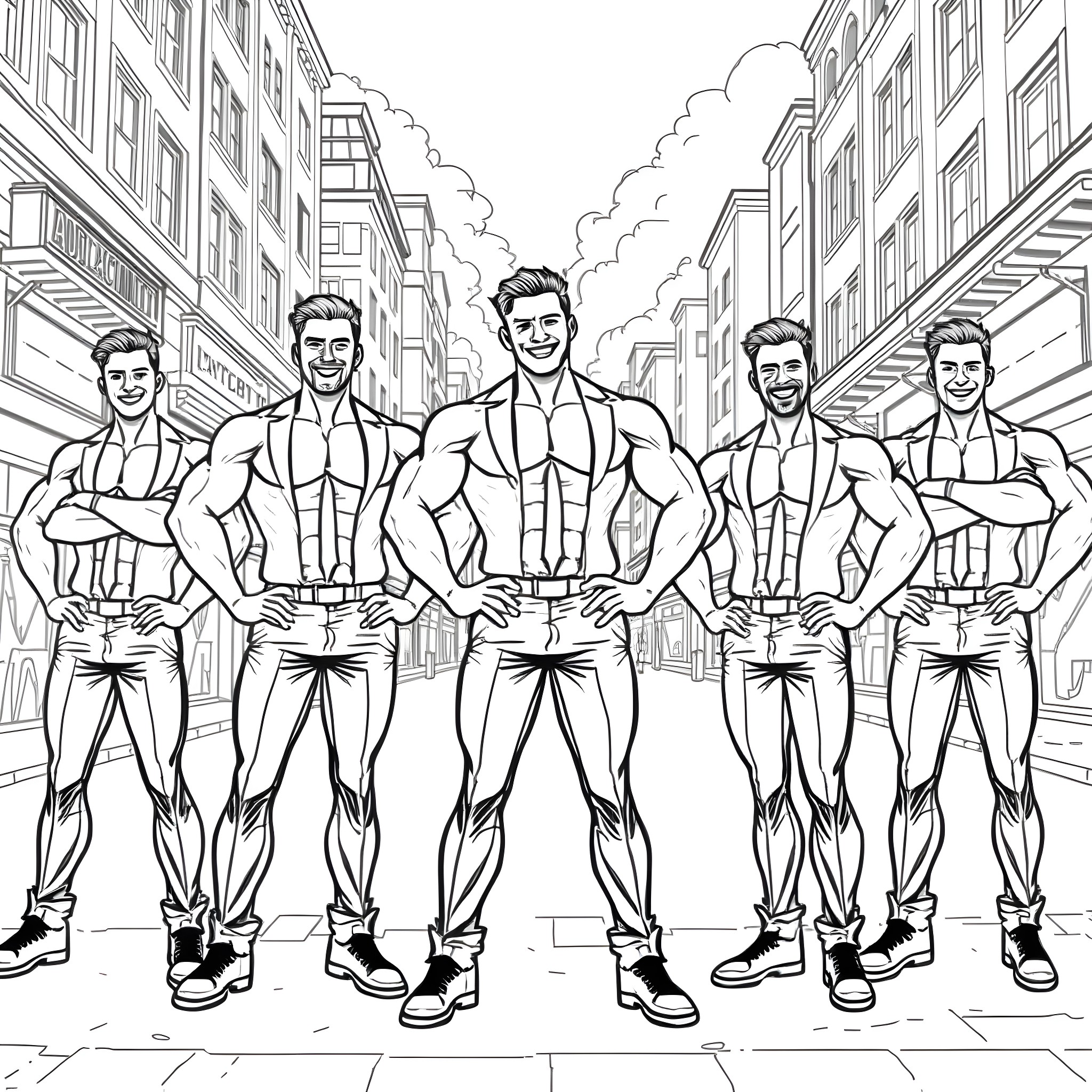 Guy superheroes stand confidently on city street Coloring Page (free black-and-white line drawing printable PDF for all, from beginners to advanced learners, including children, teens, adults, and seniors)