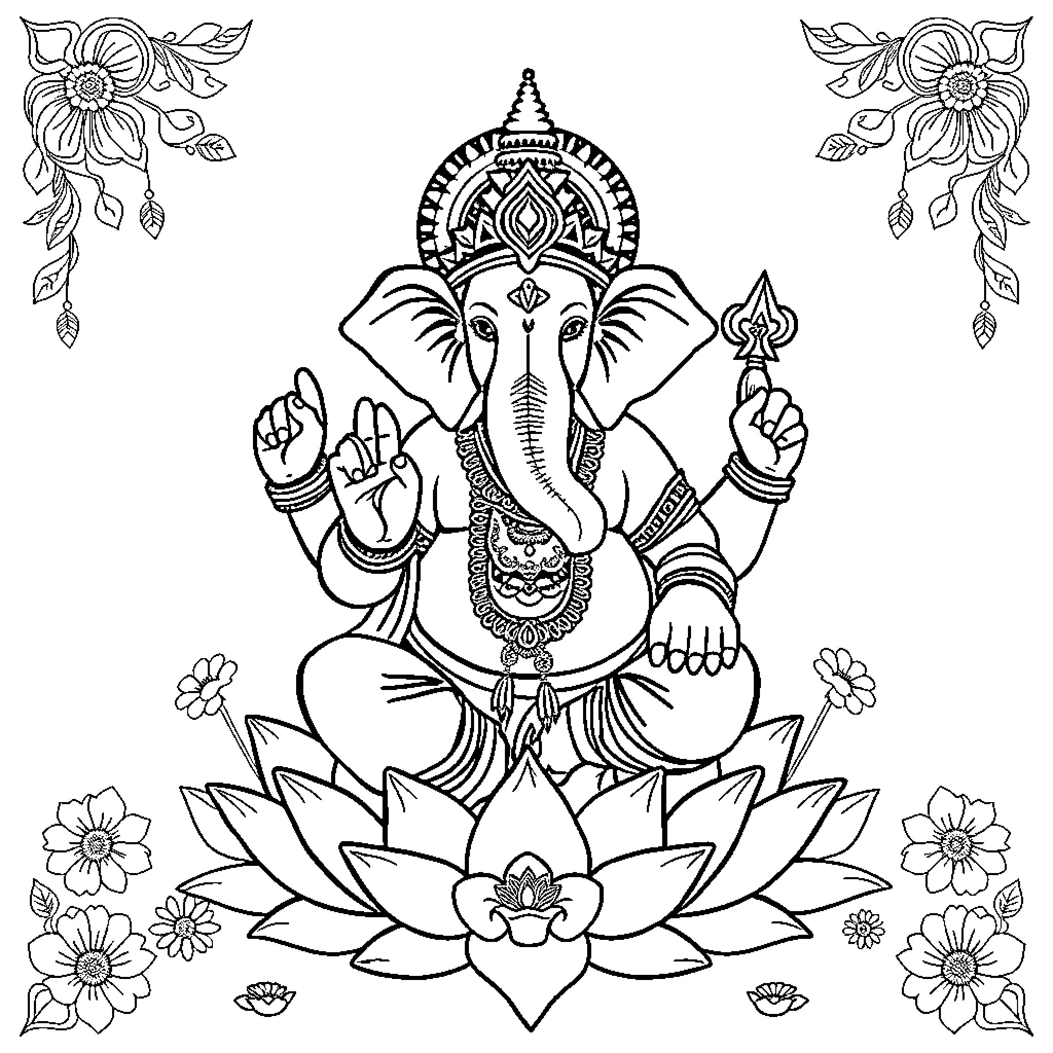 Ganesh the Graceful Lord on Lotus Throne Coloring Page (free black-and-white line drawing printable PDF for all, from beginners to advanced learners, including children, teens, adults, and seniors)