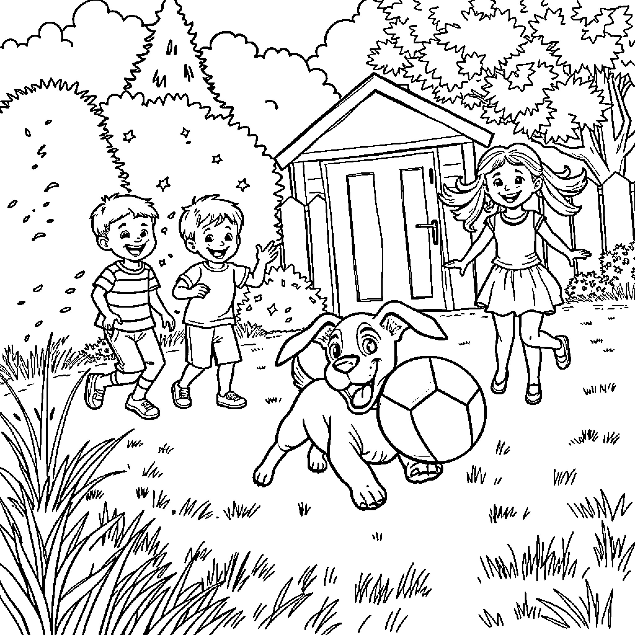 Dog and children playing in the yard Coloring Page (free black-and-white line drawing printable PDF for all, from beginners to advanced learners, including children, teens, adults, and seniors)