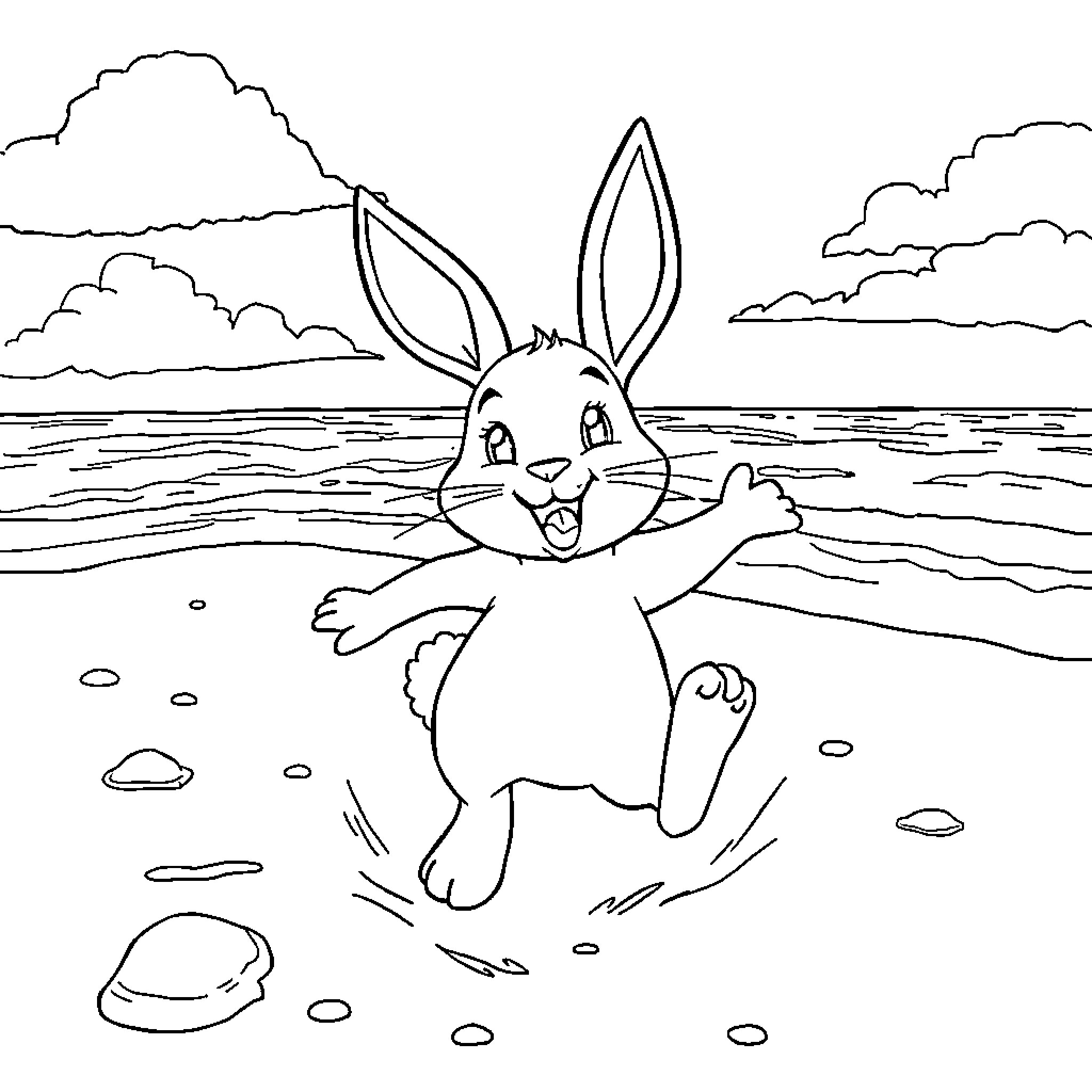 Rabbit hopping happily in the countryside Coloring Page (free black-and-white line drawing printable PDF for all, from beginners to advanced learners, including children, teens, adults, and seniors)