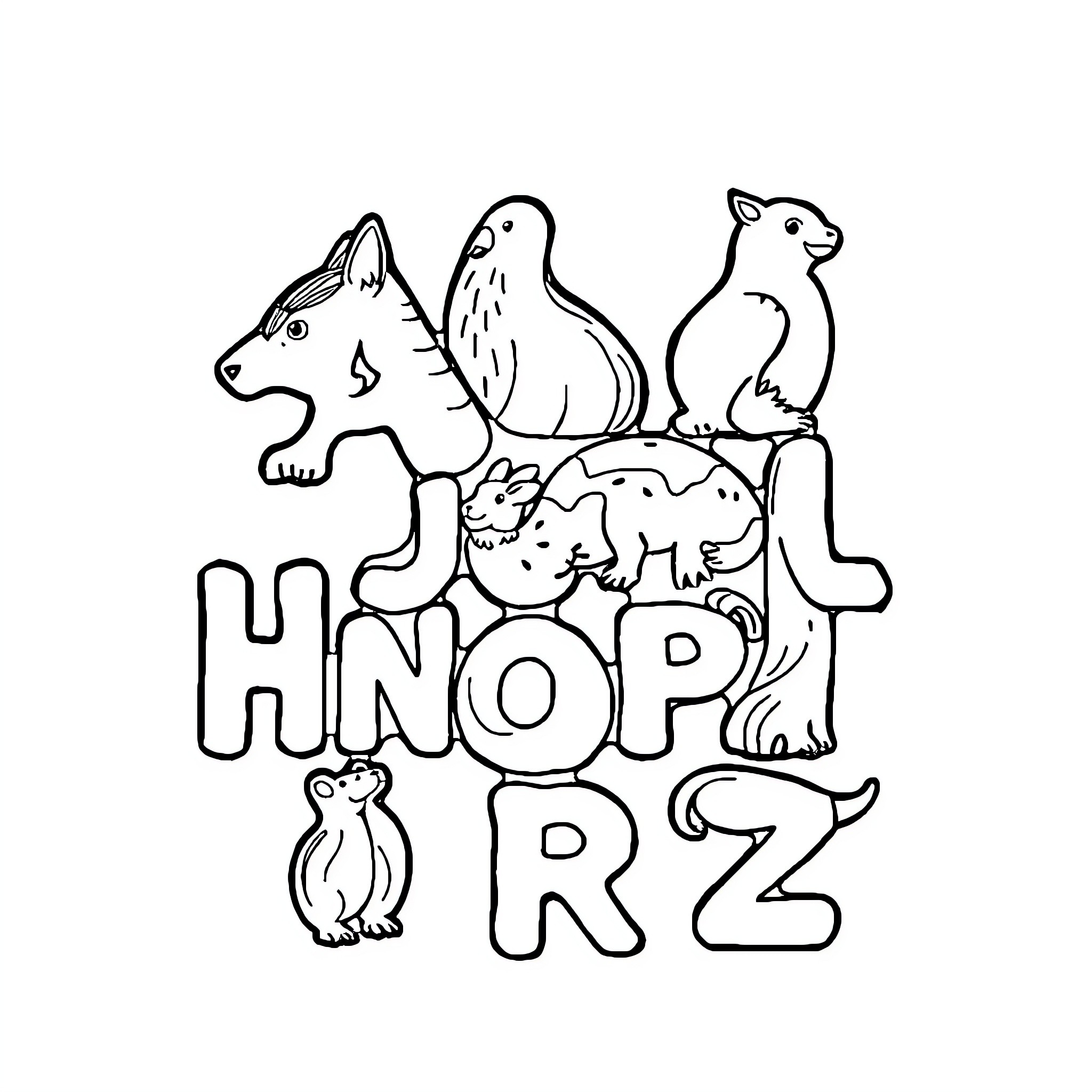 Animal Alphabet: Playful Creatures in Graphic Design Coloring Page (free black-and-white line drawing printable PDF for all, from beginners to advanced learners, including children, teens, adults, and seniors)