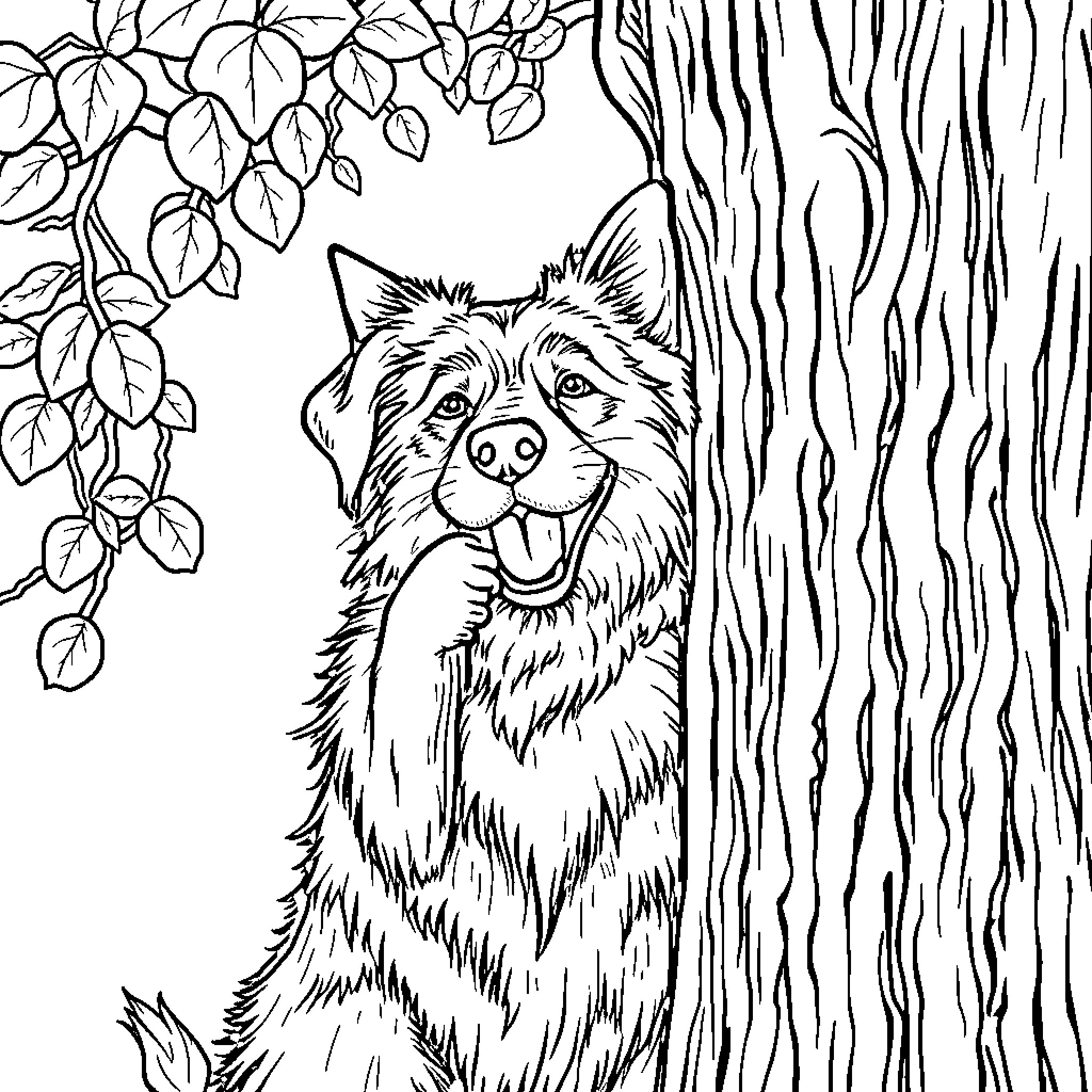 Dog Peeking Playfully from Tree Coloring Page (free black-and-white line drawing printable PDF for all, from beginners to advanced learners, including children, teens, adults, and seniors)
