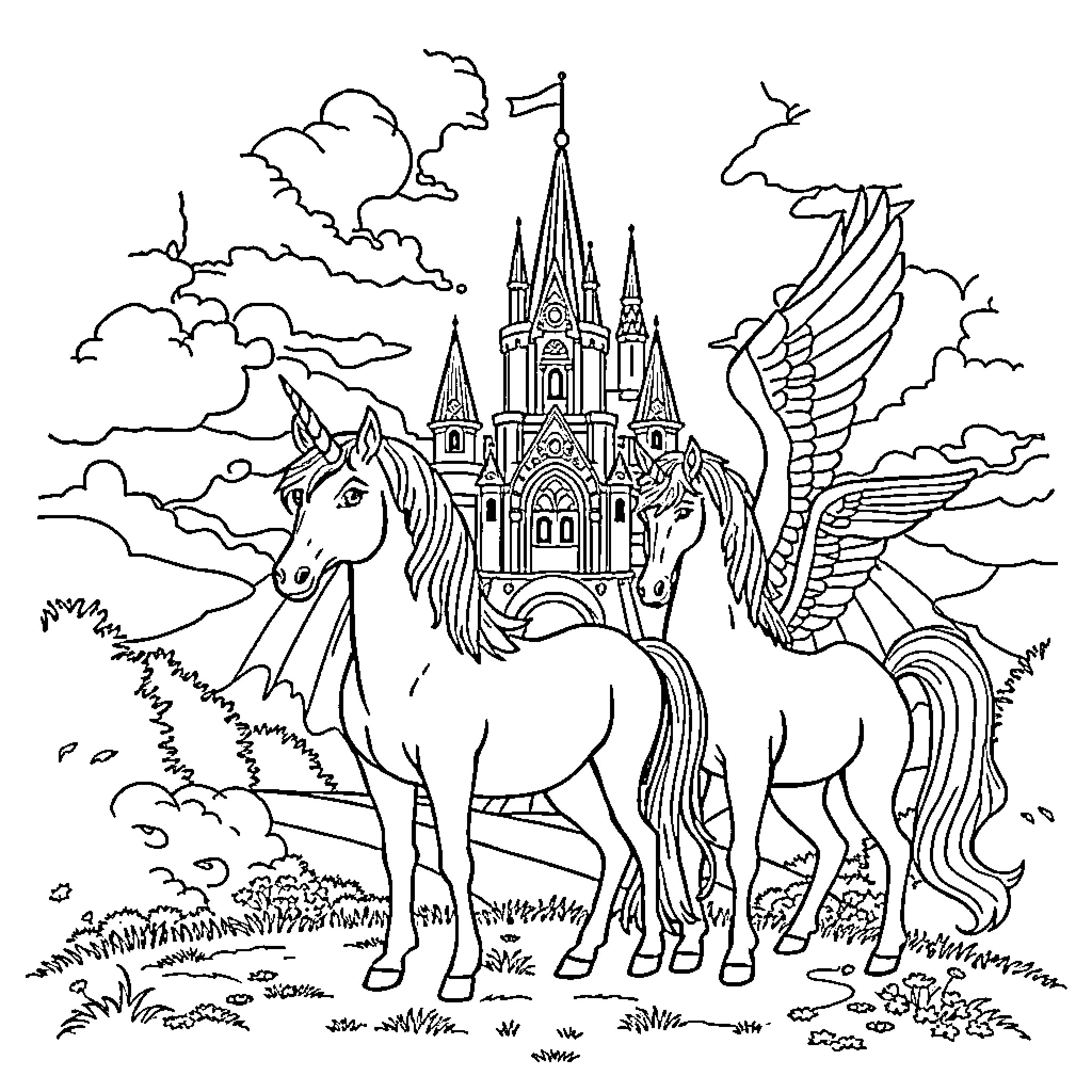 Unicorn Companions Explore Magical Castle Grounds Coloring Page (free black-and-white line drawing printable PDF for all, from beginners to advanced learners, including children, teens, adults, and seniors)