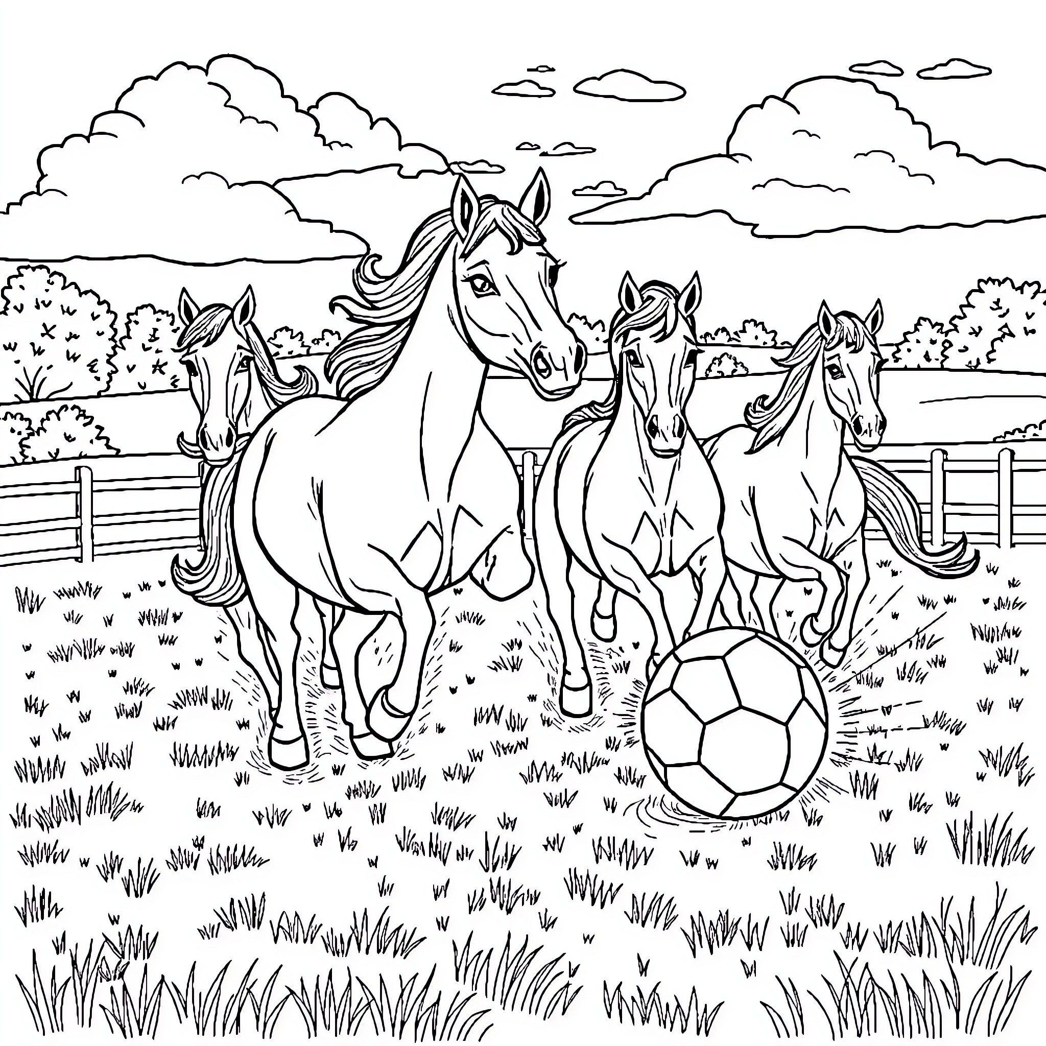 Horse racing and playing on the field Coloring Page (free black-and-white line drawing printable PDF for all, from beginners to advanced learners, including children, teens, adults, and seniors)