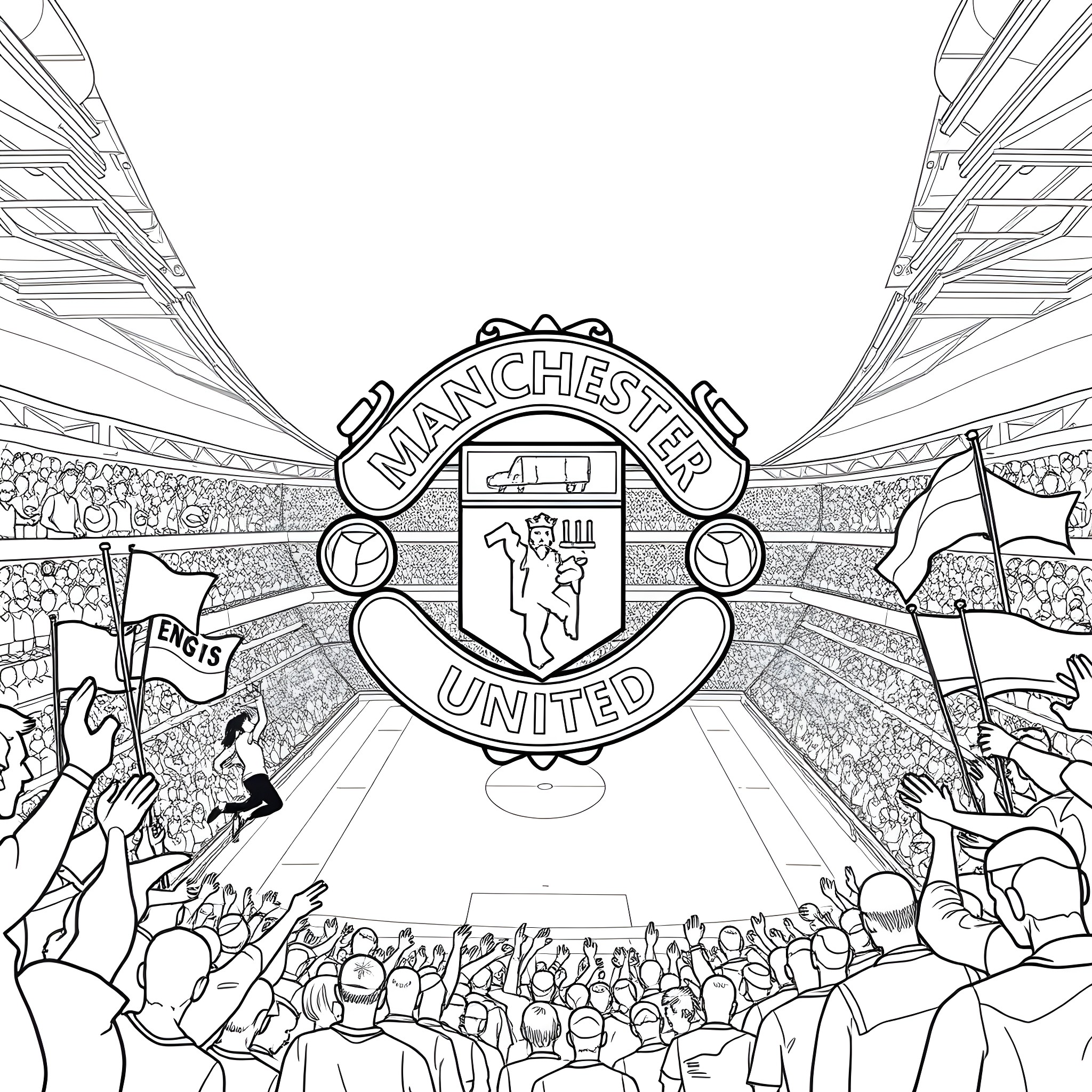 Manchester United players celebrating a victory in the stadium Coloring Page (free black-and-white line drawing printable PDF for all, from beginners to advanced learners, including children, teens, adults, and seniors)