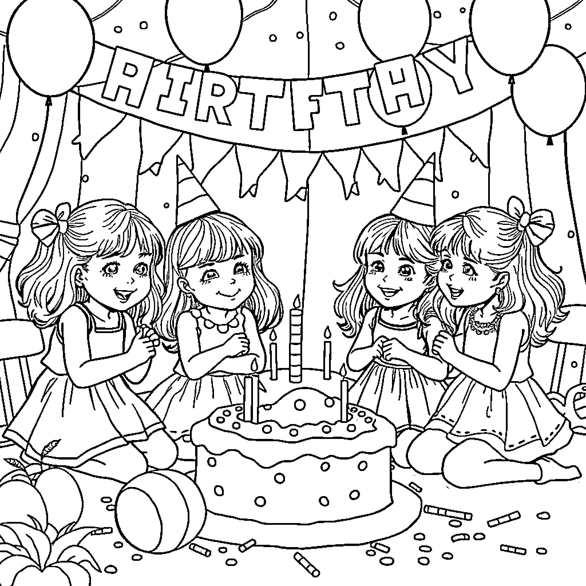 Girls celebrating birthday with cake and balloons Coloring Page (free black-and-white line drawing printable PDF for all, from beginners to advanced learners, including children, teens, adults, and seniors)