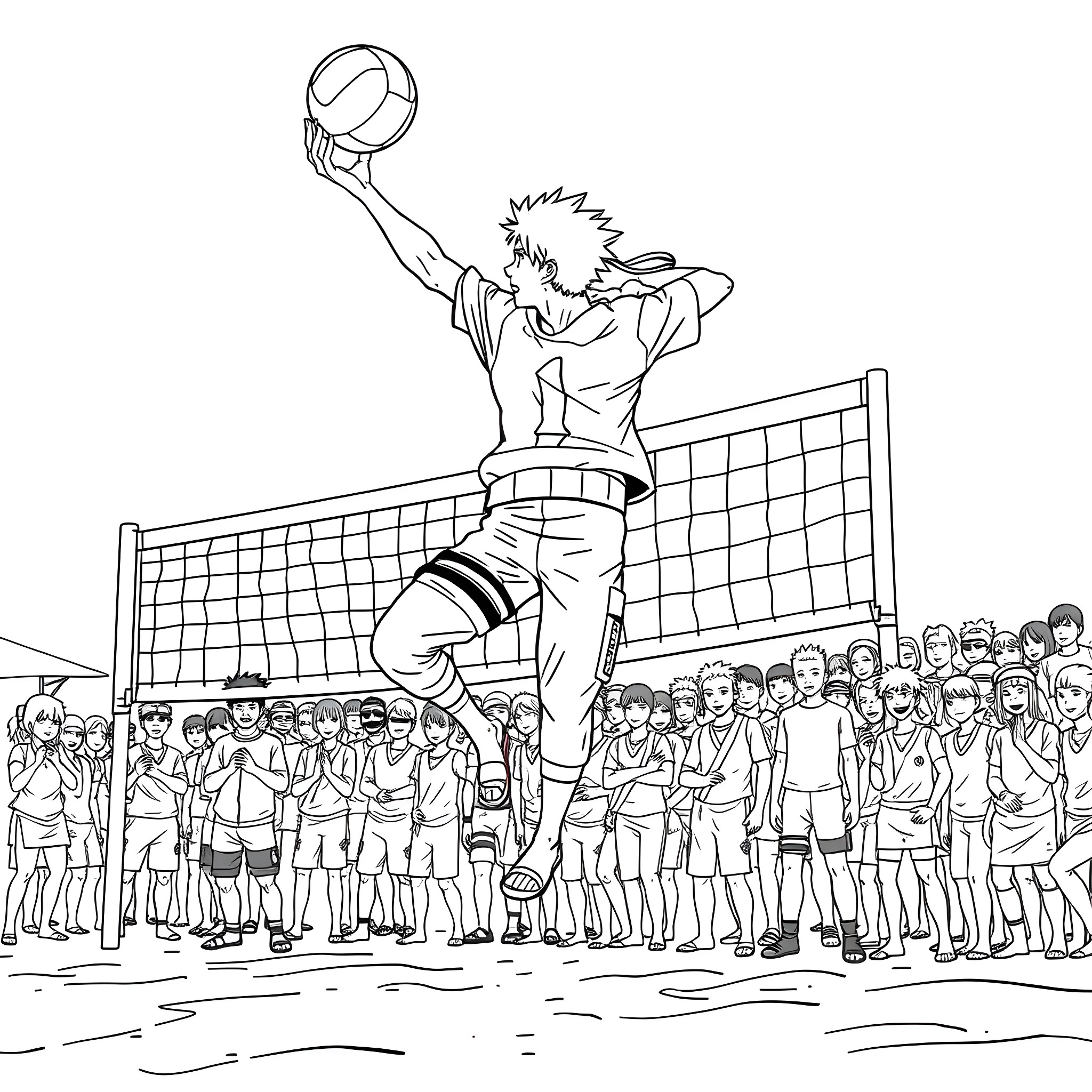 Naruto spiking a volleyball in an intense match Coloring Page (free black-and-white line drawing printable PDF for all, from beginners to advanced learners, including children, teens, adults, and seniors)