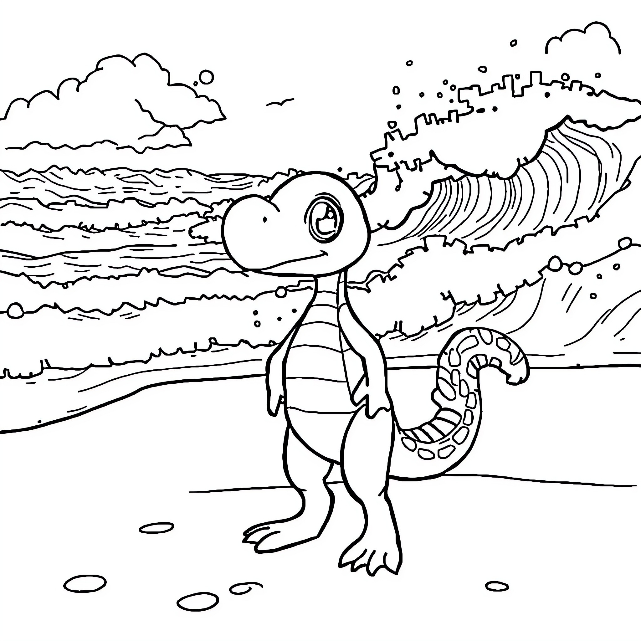 Piccolo creature exploring ocean waves and stormy sky Coloring Page (free black-and-white line drawing printable PDF for all, from beginners to advanced learners, including children, teens, adults, and seniors)