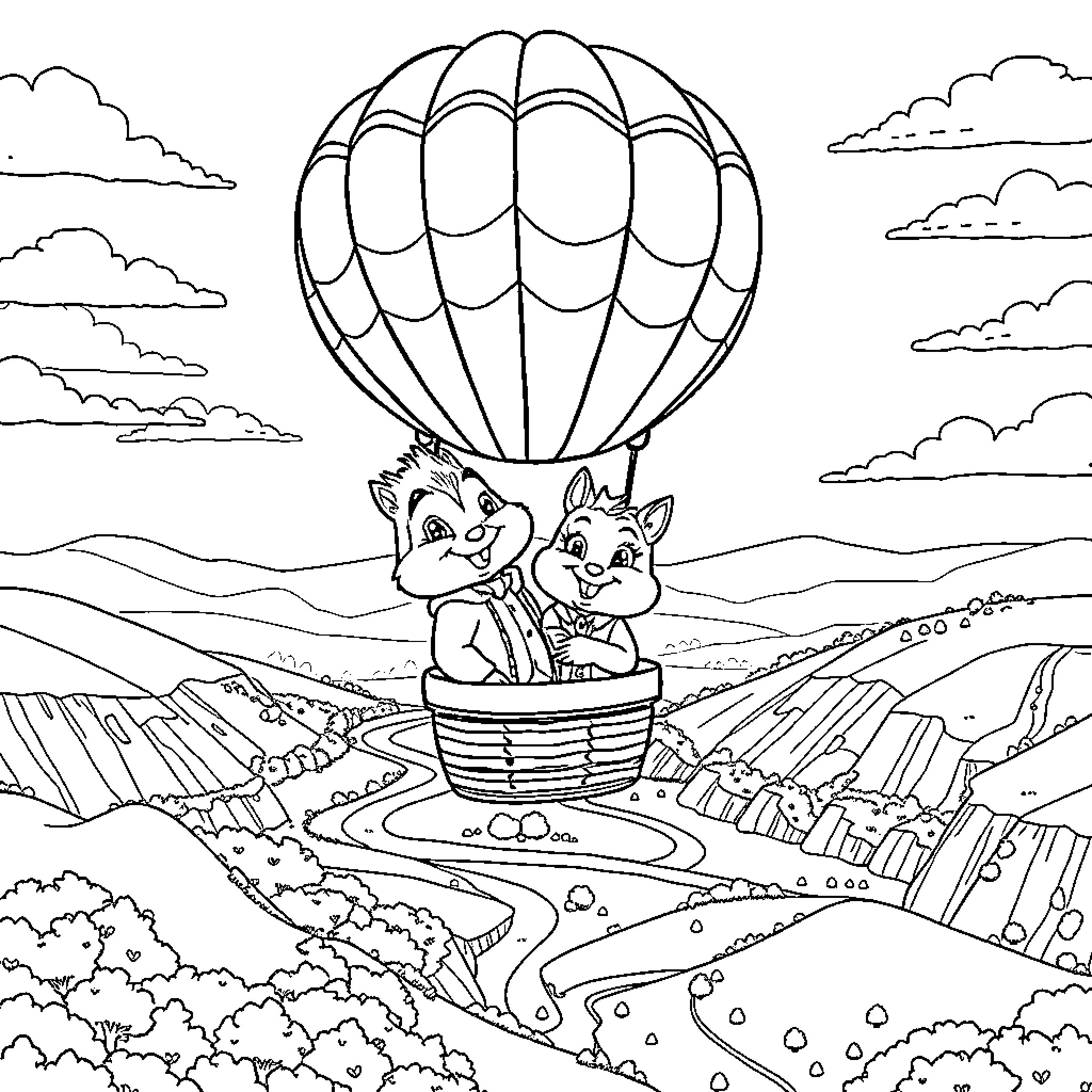 Simon's Balloon Adventure in the Sky Coloring Page (free black-and-white line drawing printable PDF for all, from beginners to advanced learners, including children, teens, adults, and seniors)