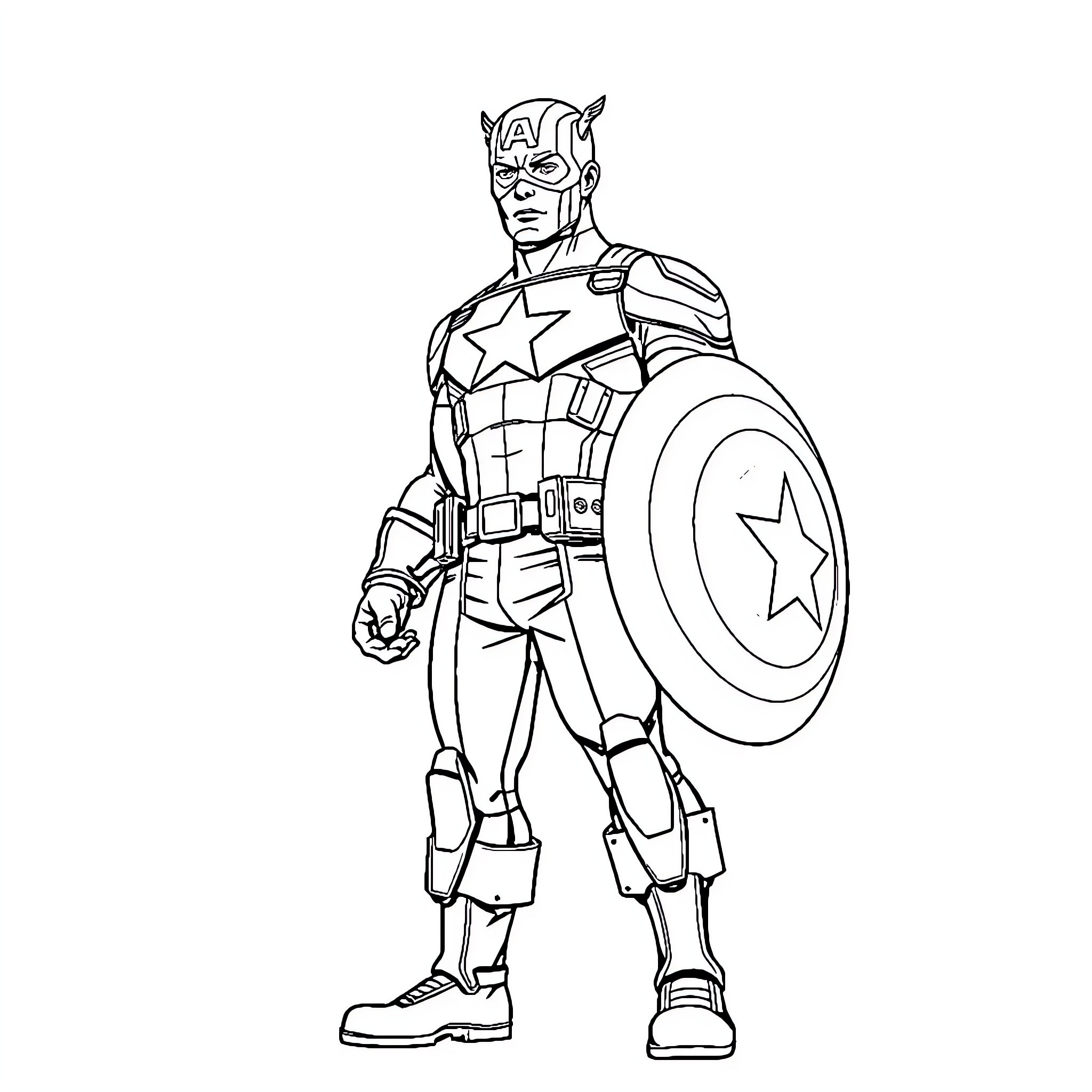 Captain America Heroic Stance with Shield Coloring Page (free black-and-white line drawing printable PDF for all, from beginners to advanced learners, including children, teens, adults, and seniors)