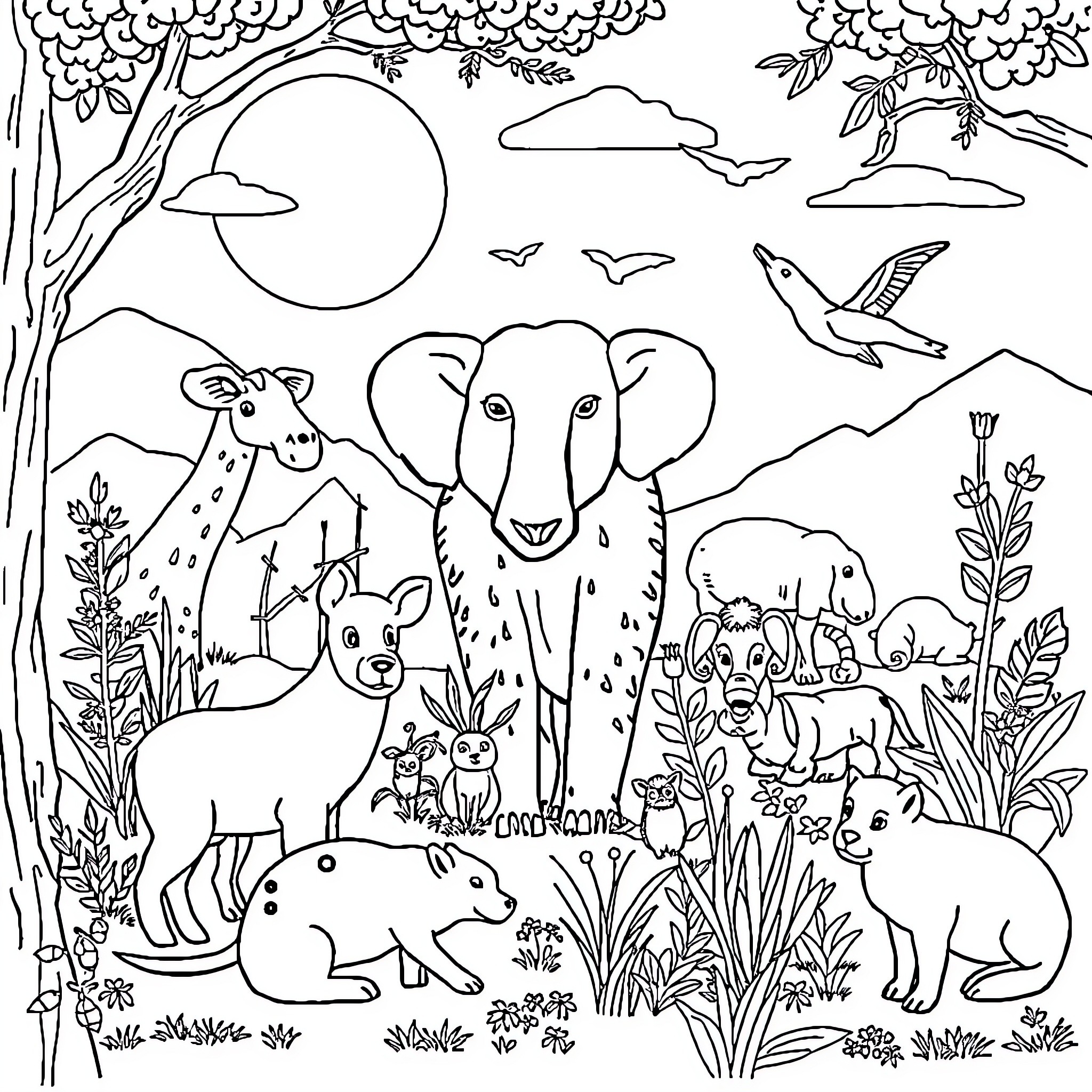 Animal Wilderness with Various Wildlife Coloring Page (free black-and-white line drawing printable PDF for all, from beginners to advanced learners, including children, teens, adults, and seniors)