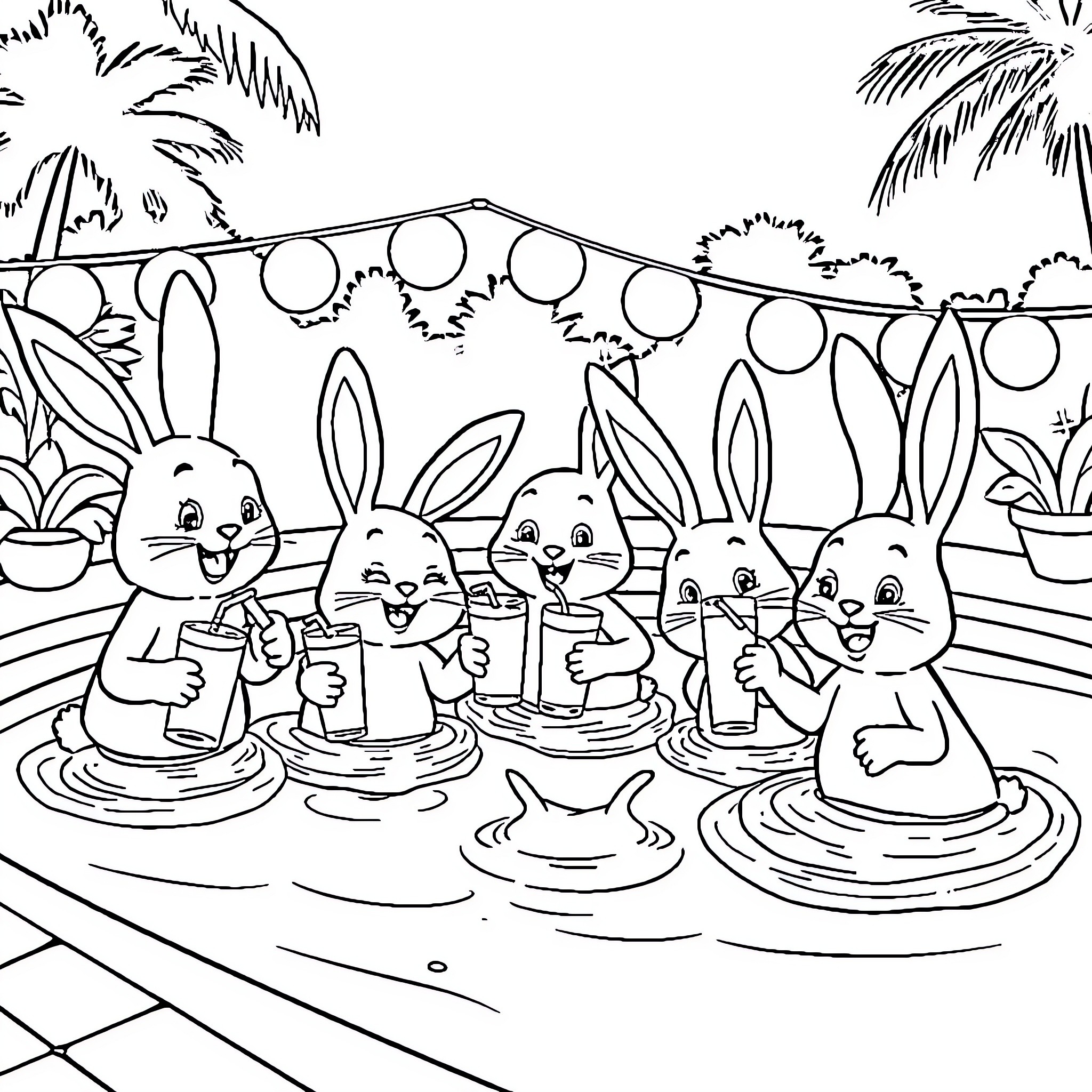 Rabbit friends enjoying a pool party Coloring Page (free black-and-white line drawing printable PDF for all, from beginners to advanced learners, including children, teens, adults, and seniors)