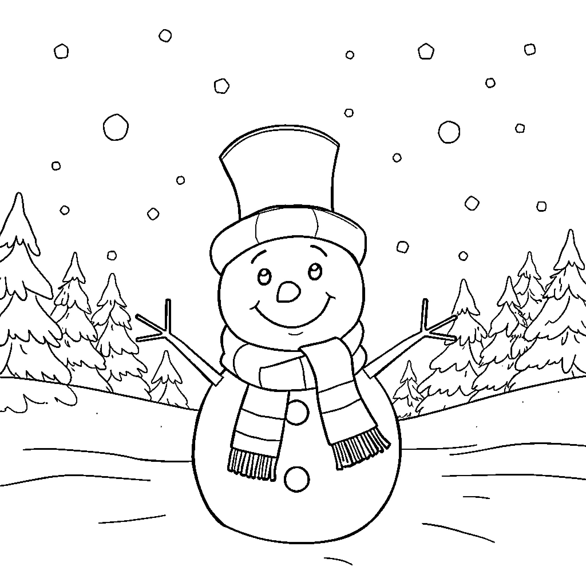 Snowman enjoying the winter landscape Coloring Page (free black-and-white line drawing printable PDF for all, from beginners to advanced learners, including children, teens, adults, and seniors)
