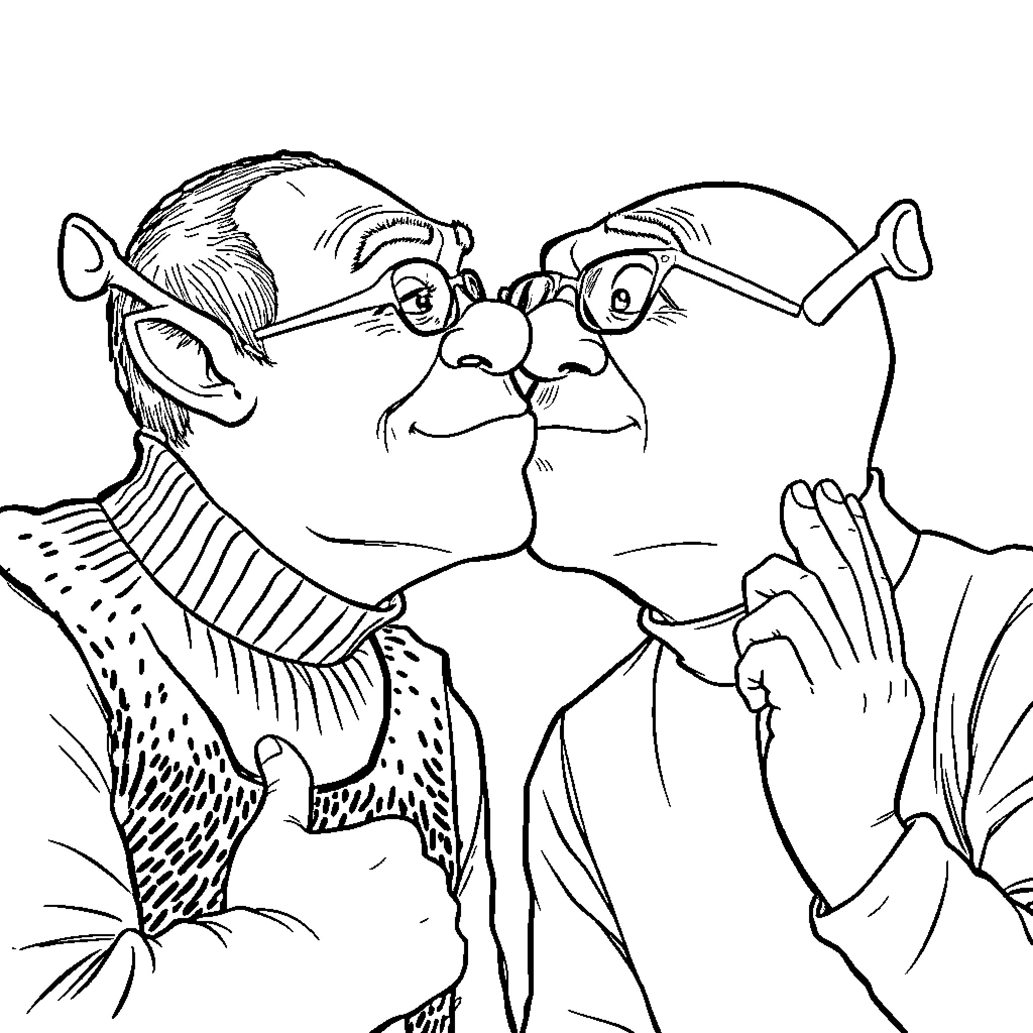Shrek and Donkey sharing a humorous moment Coloring Page (free black-and-white line drawing printable PDF for all, from beginners to advanced learners, including children, teens, adults, and seniors)