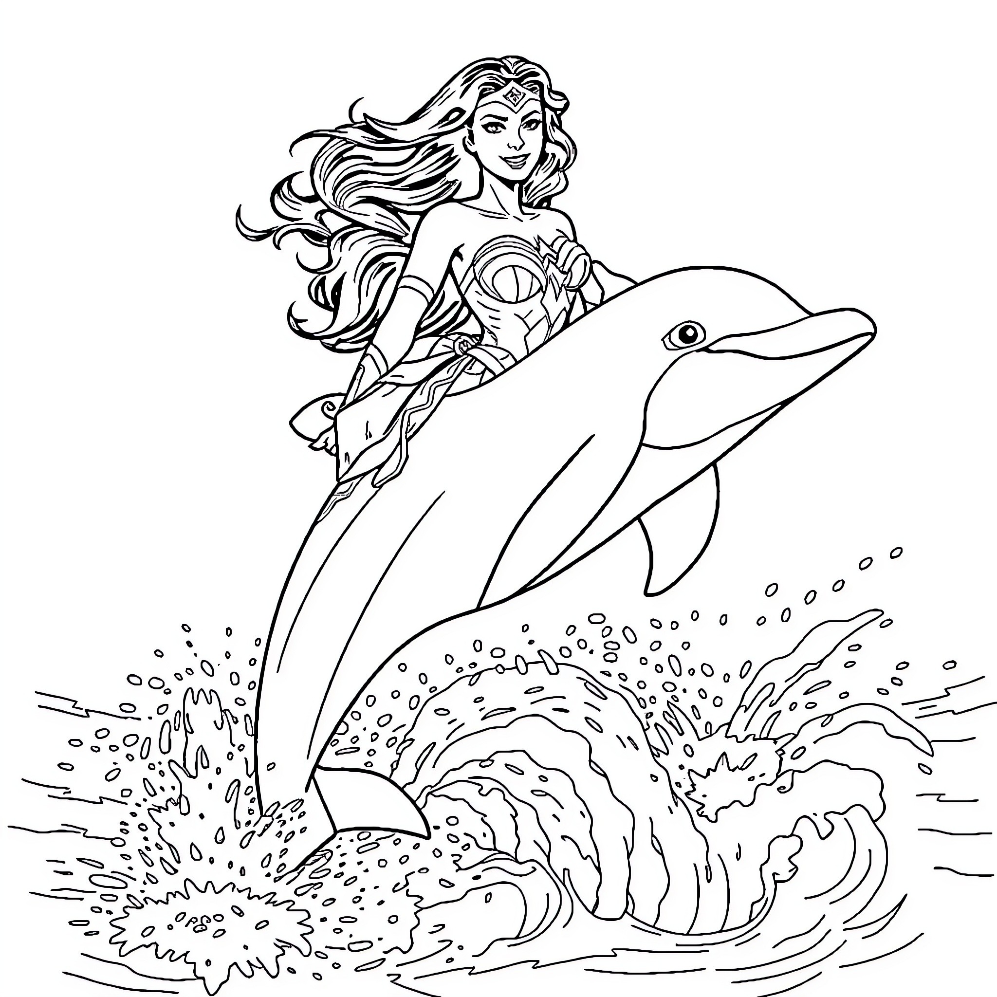 Wonder Woman riding a playful dolphin in the ocean Coloring Page (free black-and-white line drawing printable PDF for all, from beginners to advanced learners, including children, teens, adults, and seniors)