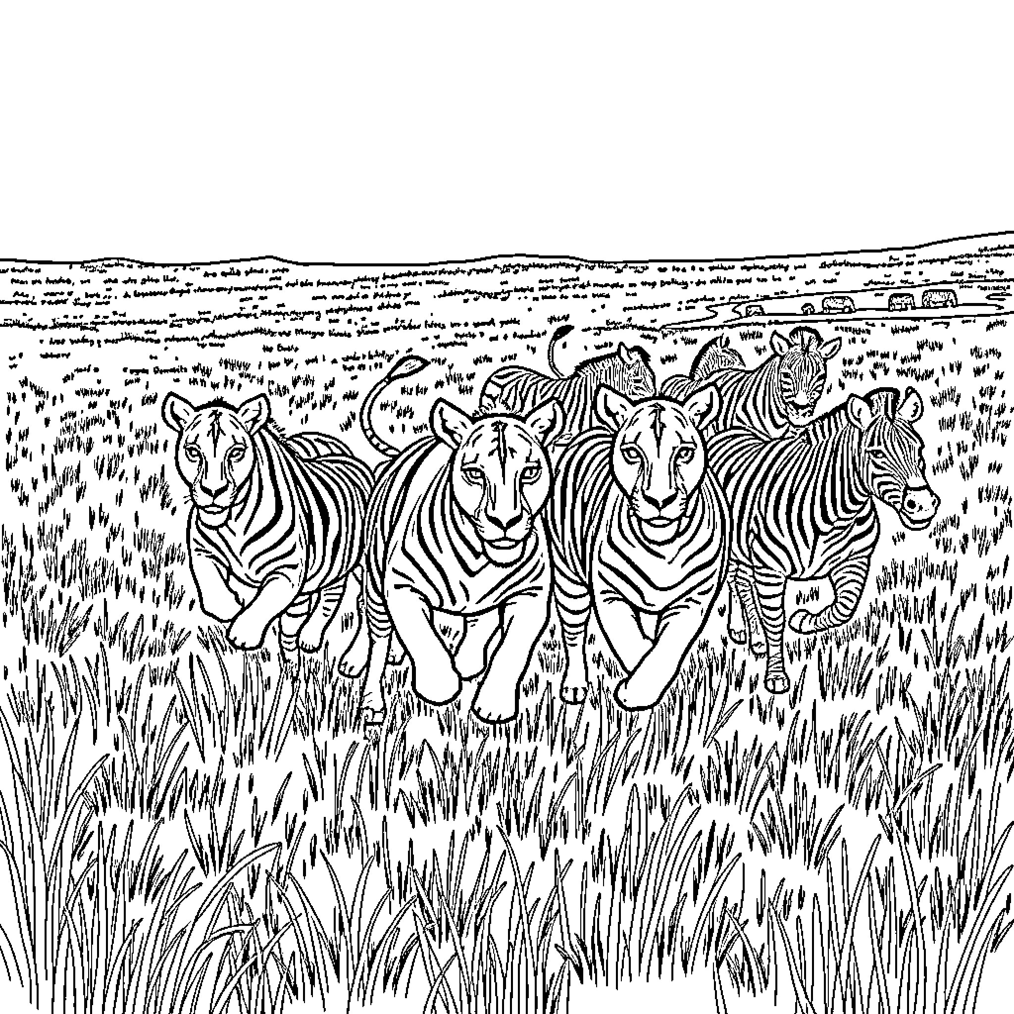 Lion Pride Charging Through the Savanna Coloring Page (free black-and-white line drawing printable PDF for all, from beginners to advanced learners, including children, teens, adults, and seniors)