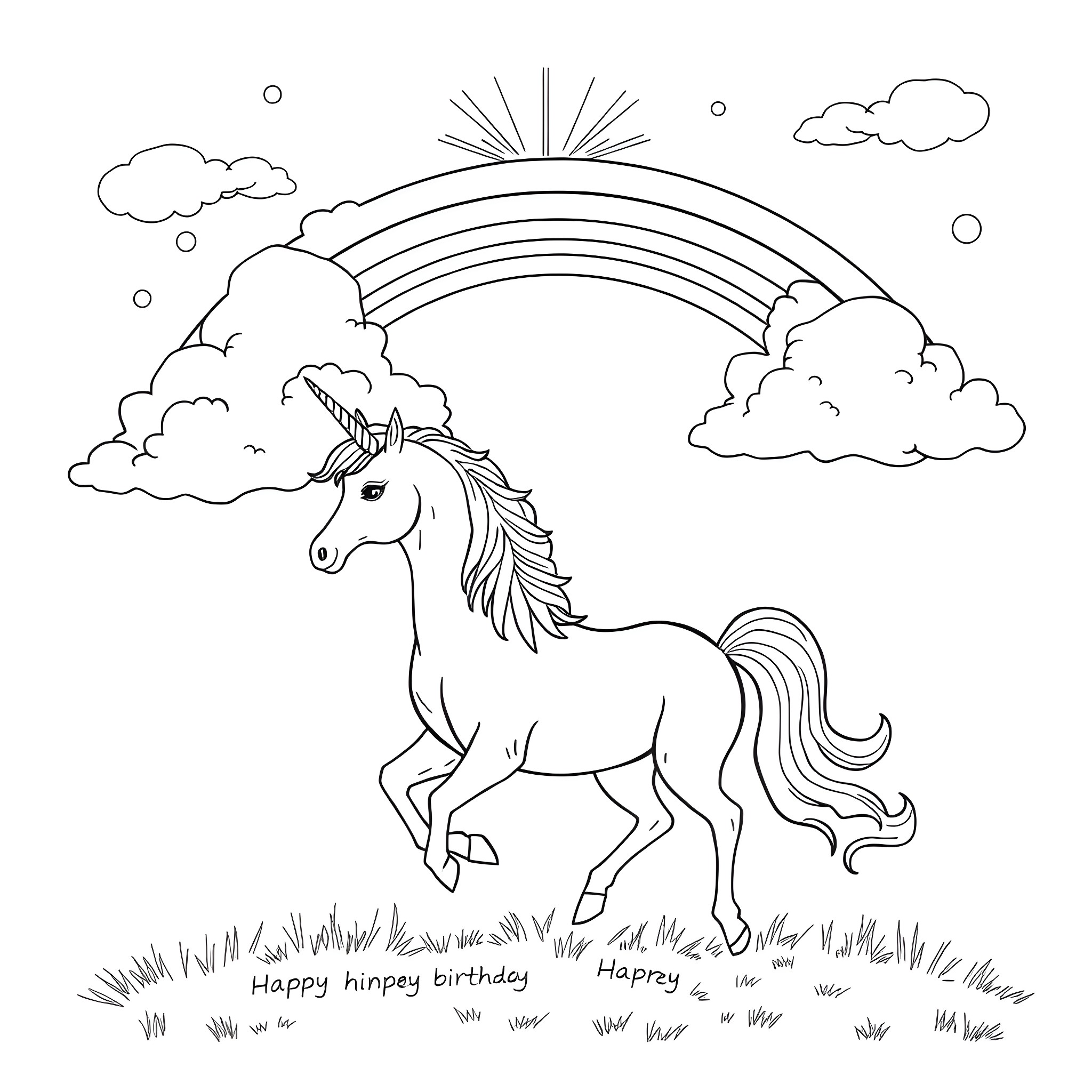 Unicorn enjoying a sunny day in the meadow Coloring Page (free black-and-white line drawing printable PDF for all, from beginners to advanced learners, including children, teens, adults, and seniors)