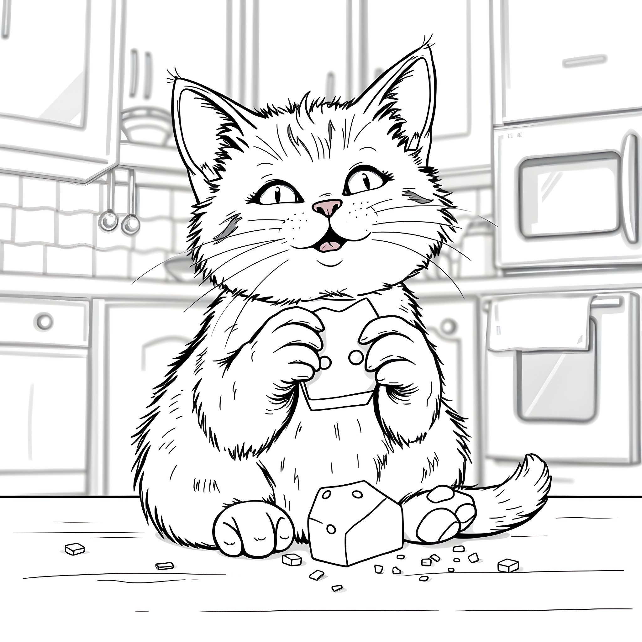 Cat playing with toy blocks in the kitchen Coloring Page (free black-and-white line drawing printable PDF for all, from beginners to advanced learners, including children, teens, adults, and seniors)