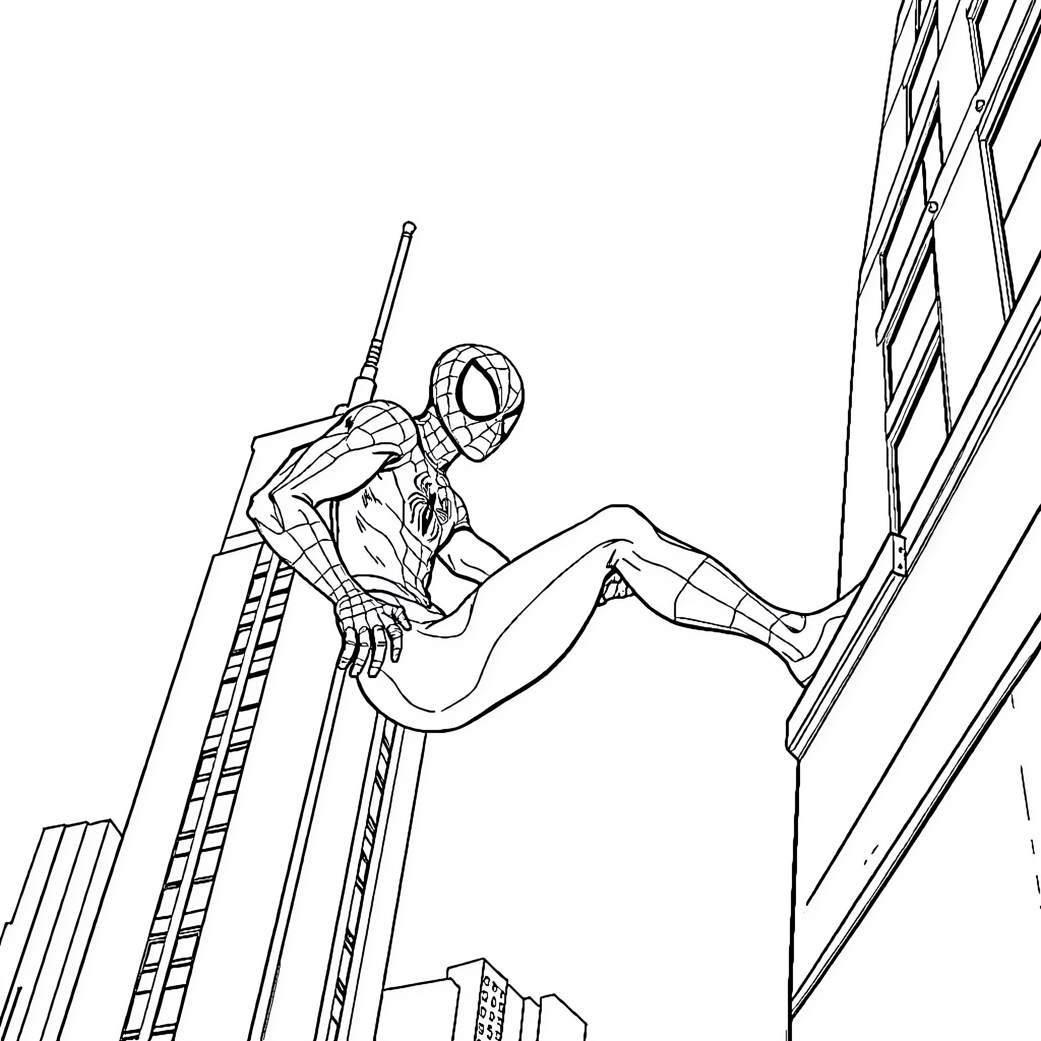 Spider-Man scaling a skyscraper in action Coloring Page (free black-and-white line drawing printable PDF for all, from beginners to advanced learners, including children, teens, adults, and seniors)