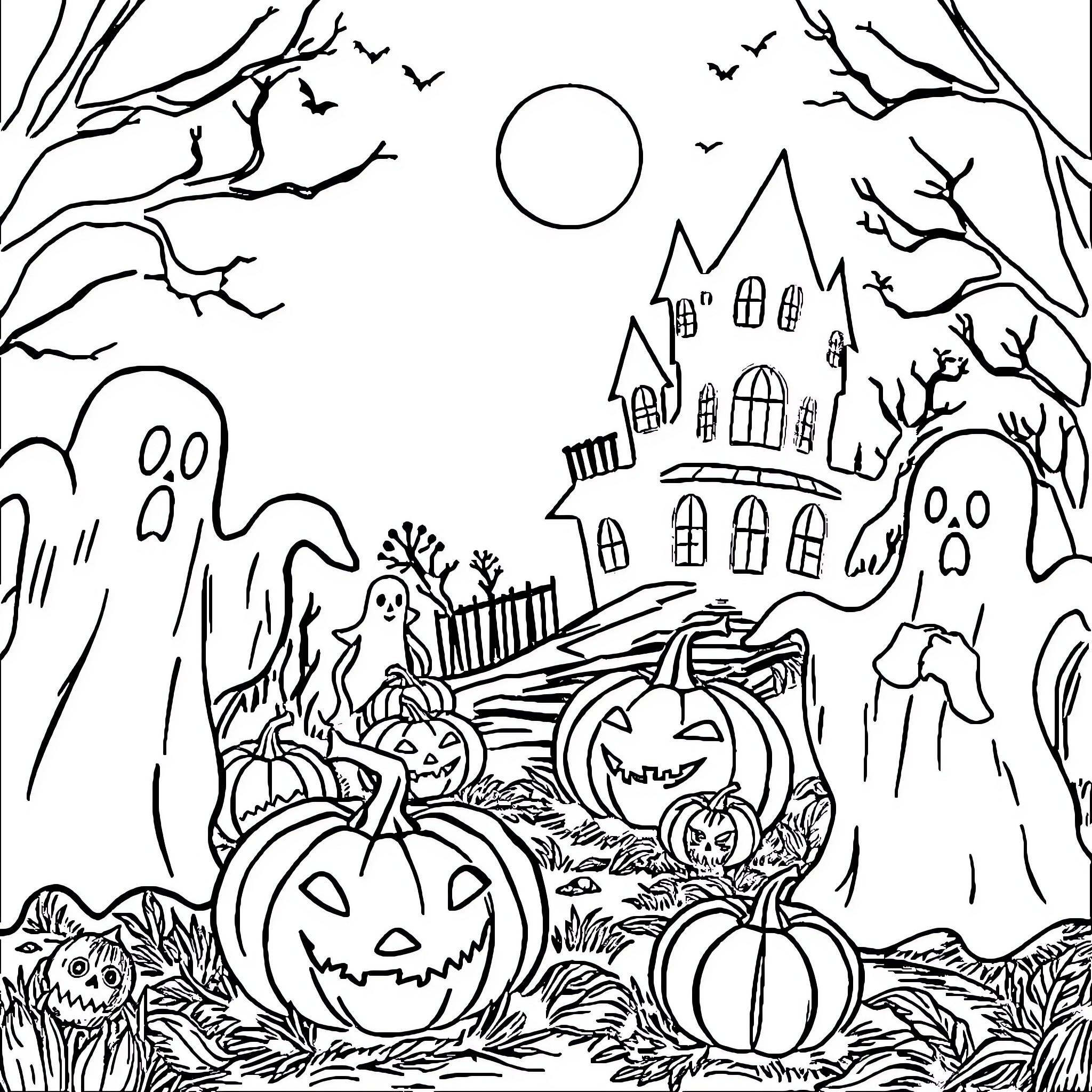Halloween Haunted Castle with Pumpkins and Ghosts Coloring Page (free black-and-white line drawing printable PDF for all, from beginners to advanced learners, including children, teens, adults, and seniors)