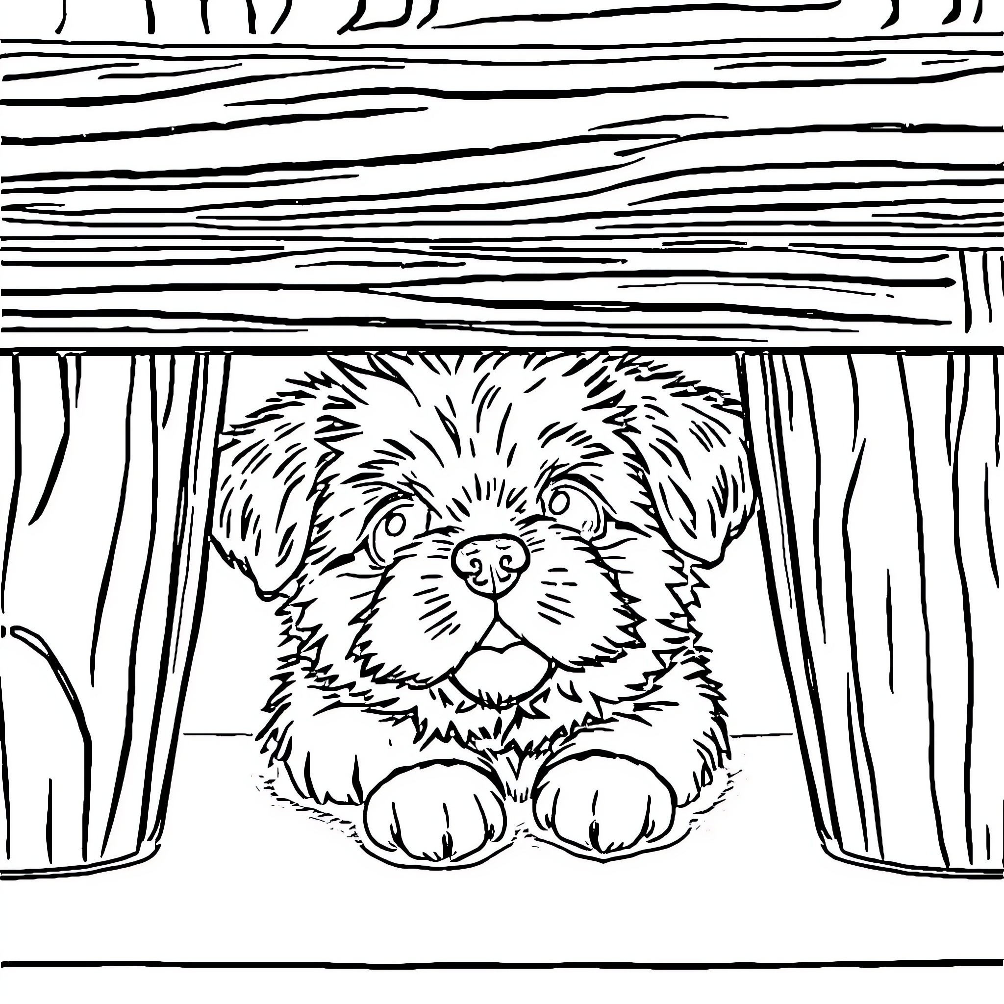 Puppy peering from behind curtains Coloring Page (free black-and-white line drawing printable PDF for all, from beginners to advanced learners, including children, teens, adults, and seniors)