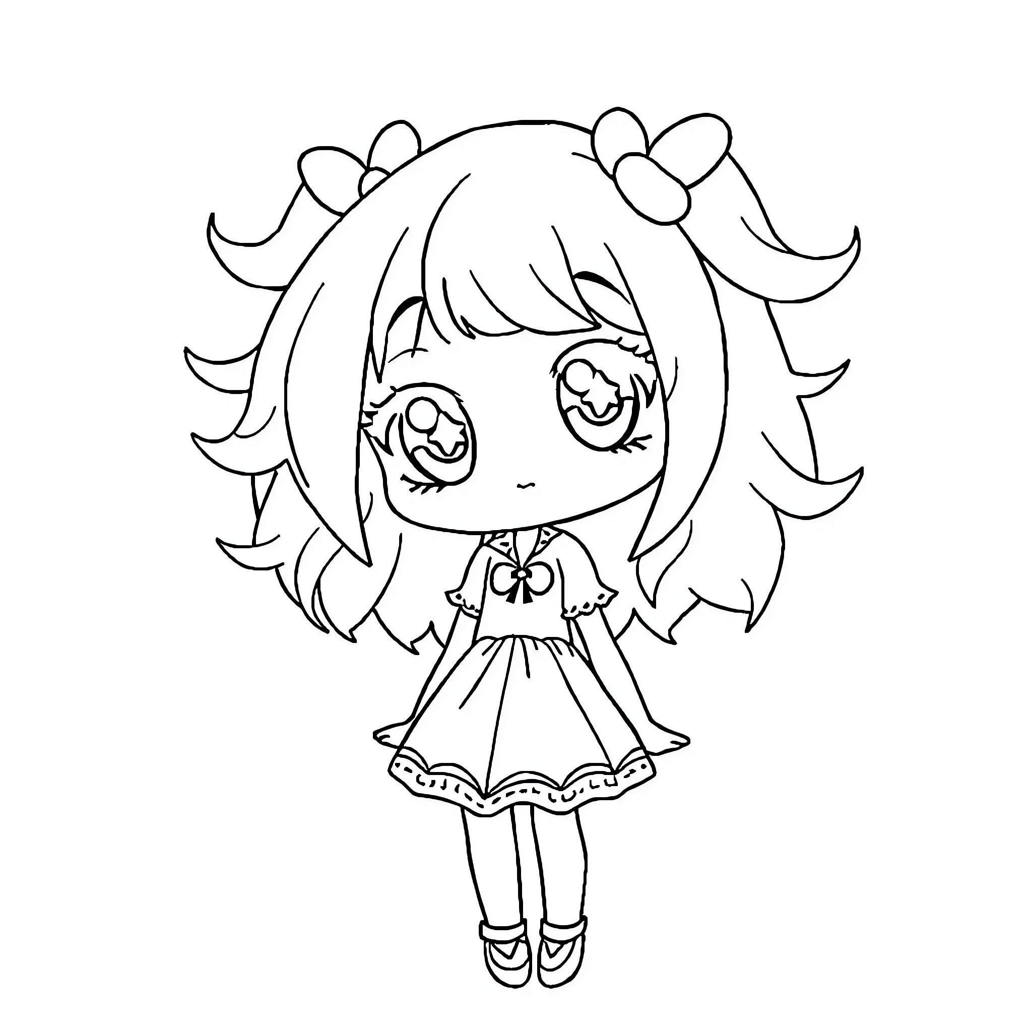 Anime Girl with Elaborate Pigtails and Bow Dress Coloring Page (free black-and-white line drawing printable PDF for all, from beginners to advanced learners, including children, teens, adults, and seniors)