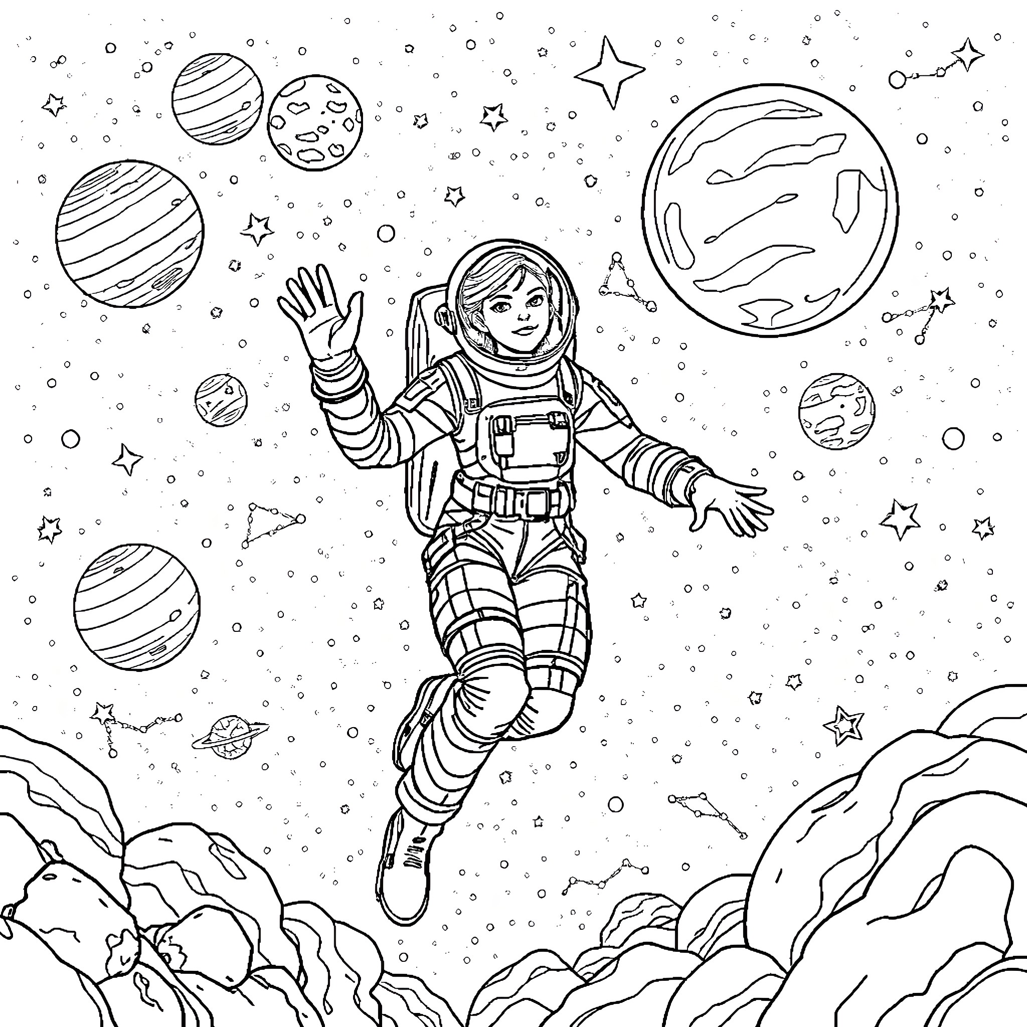 Astronaut floating in the vast cosmic landscape Coloring Page (free black-and-white line drawing printable PDF for all, from beginners to advanced learners, including children, teens, adults, and seniors)