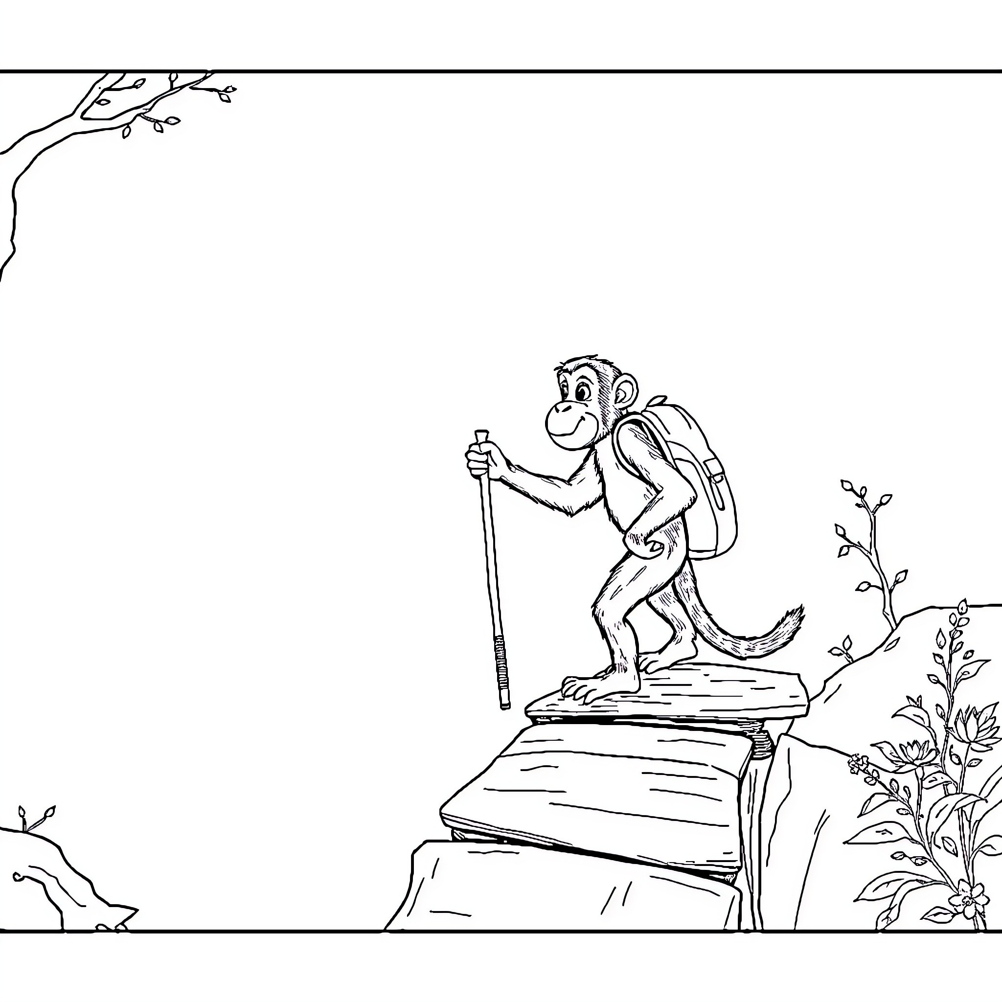 Monkey hiking on a rocky trail Coloring Page (free black-and-white line drawing printable PDF for all, from beginners to advanced learners, including children, teens, adults, and seniors)